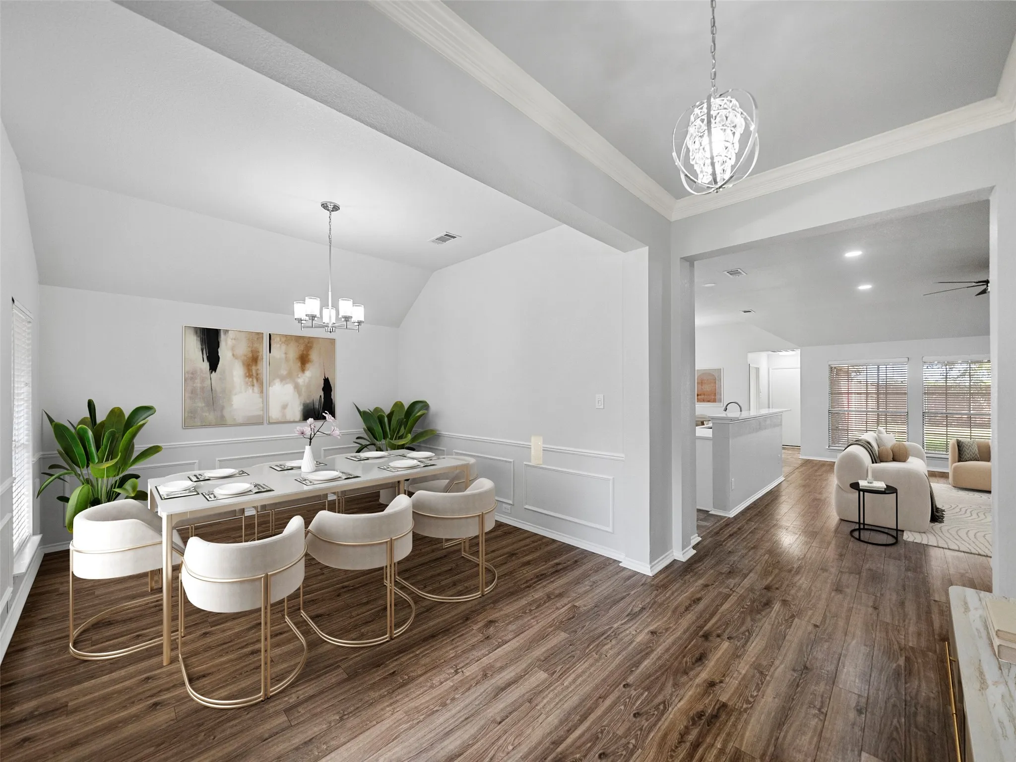 Wood-finish flooring throughout, featuring a vaulted ceiling with decorative beams