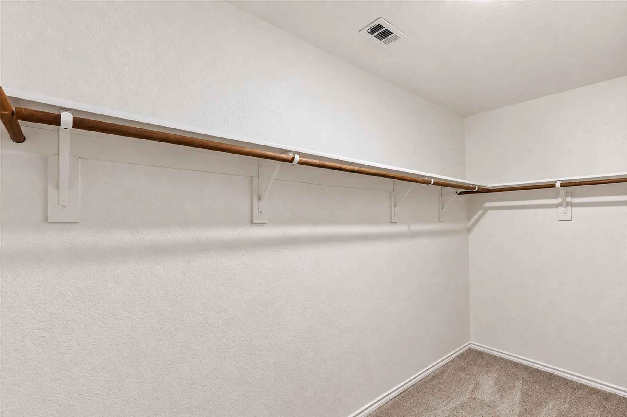 Walk-in closet featuring carpet flooring, built-in shelving, and clothes rods