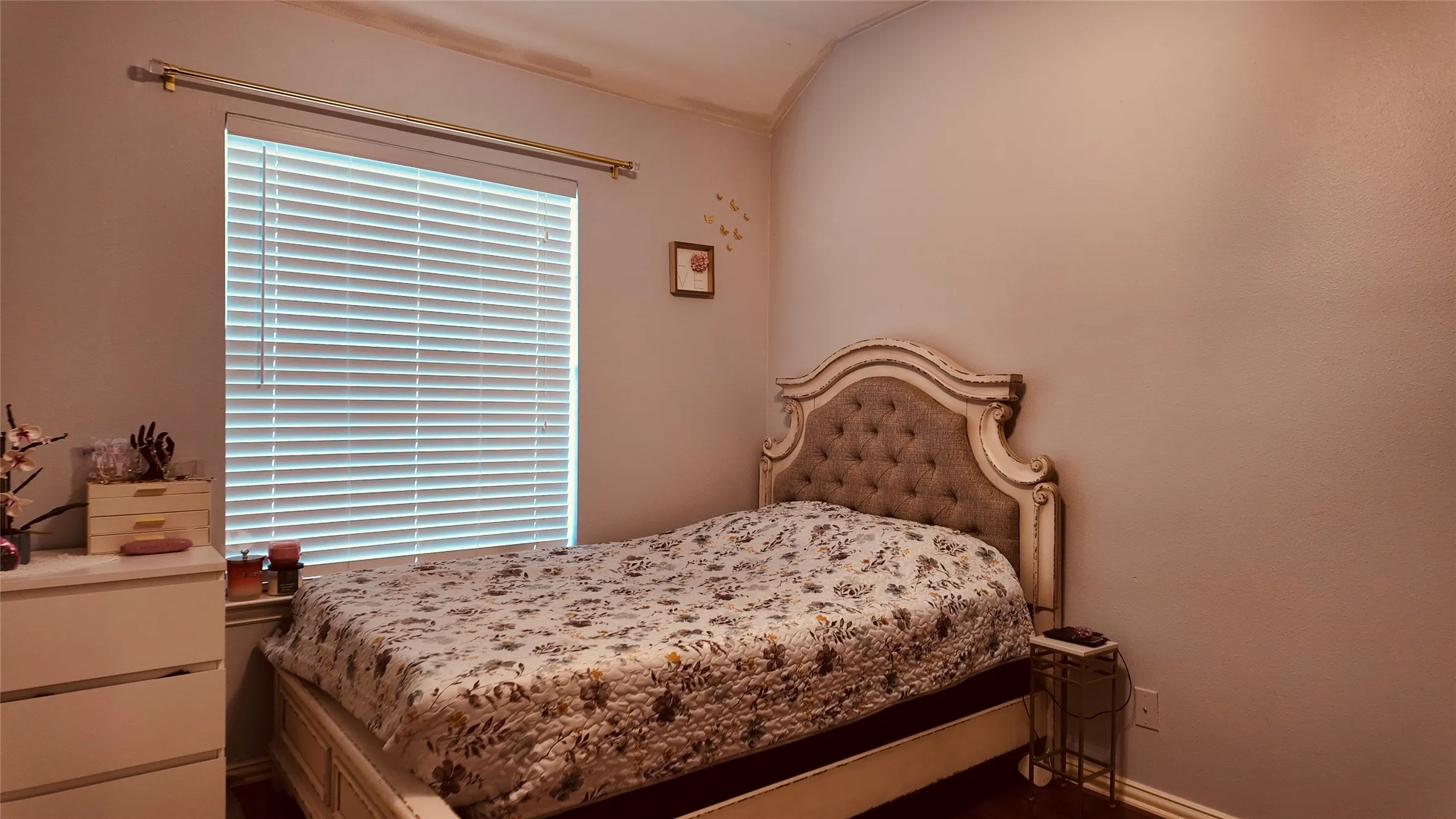 Window with horizontal blinds and an arched ceiling