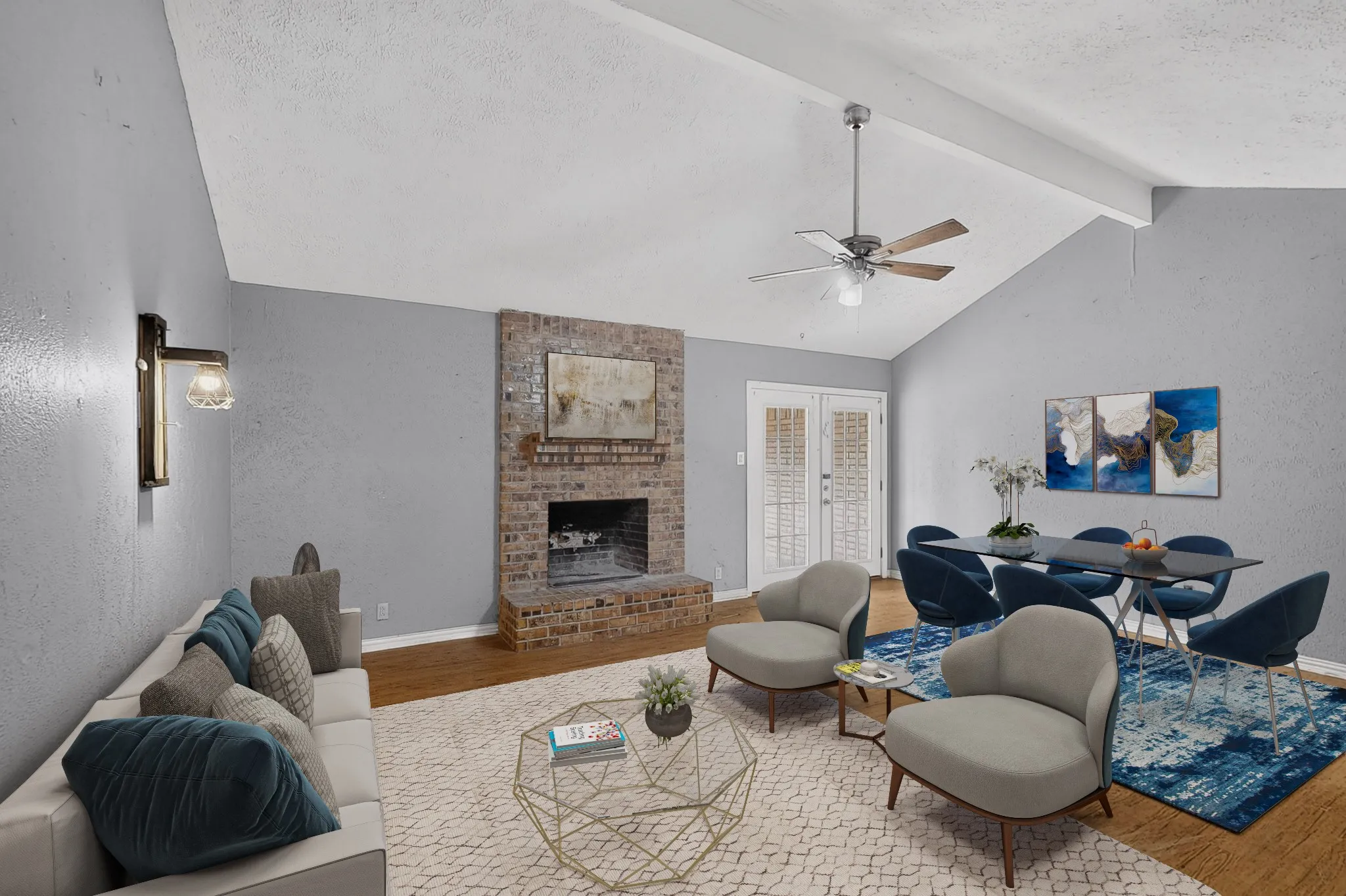 Vaulted ceiling, brick fireplace, wood-finish flooring, ceiling fan, and French doors