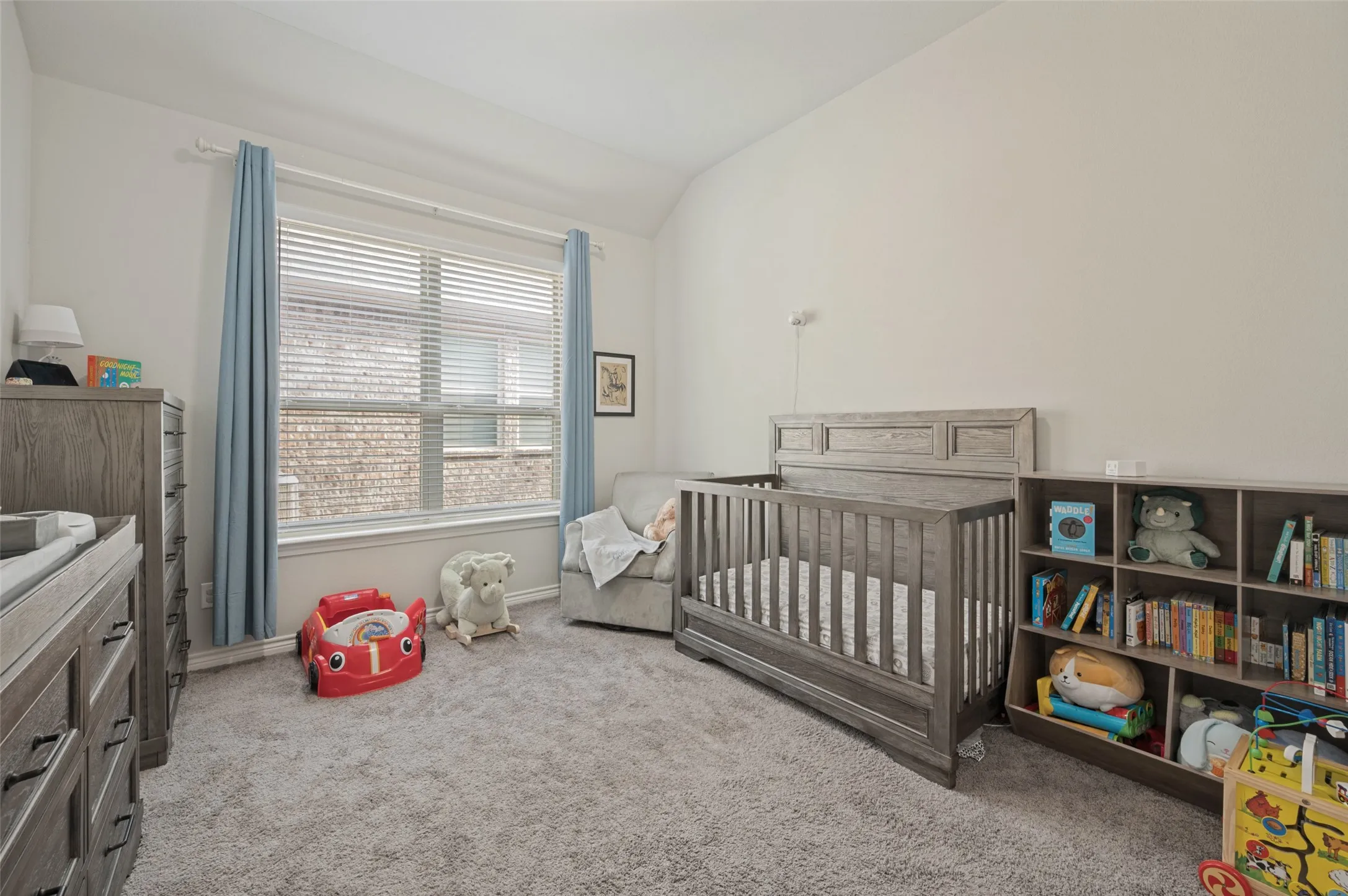 Plush grey carpeting, white painted walls, and a window with blinds and blue curtains