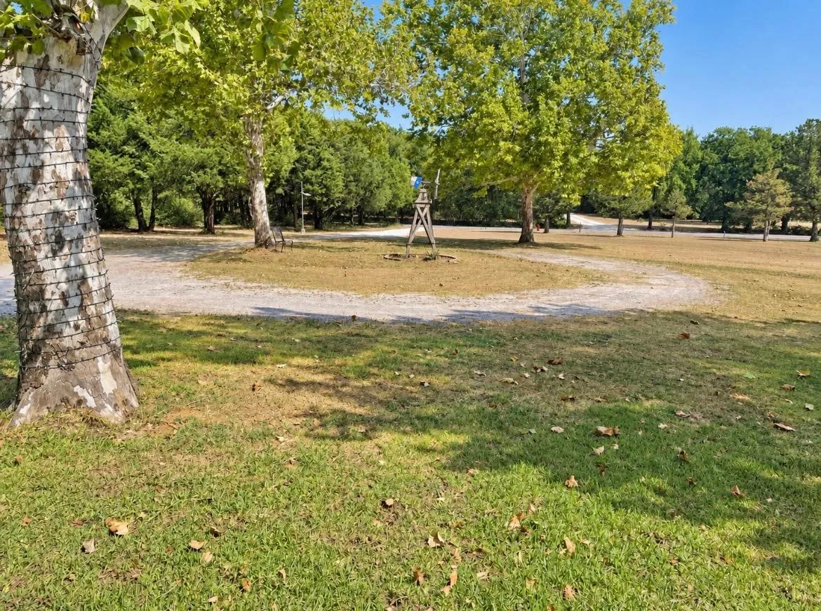 Expansive outdoor area featuring mature trees and a gravel pathway