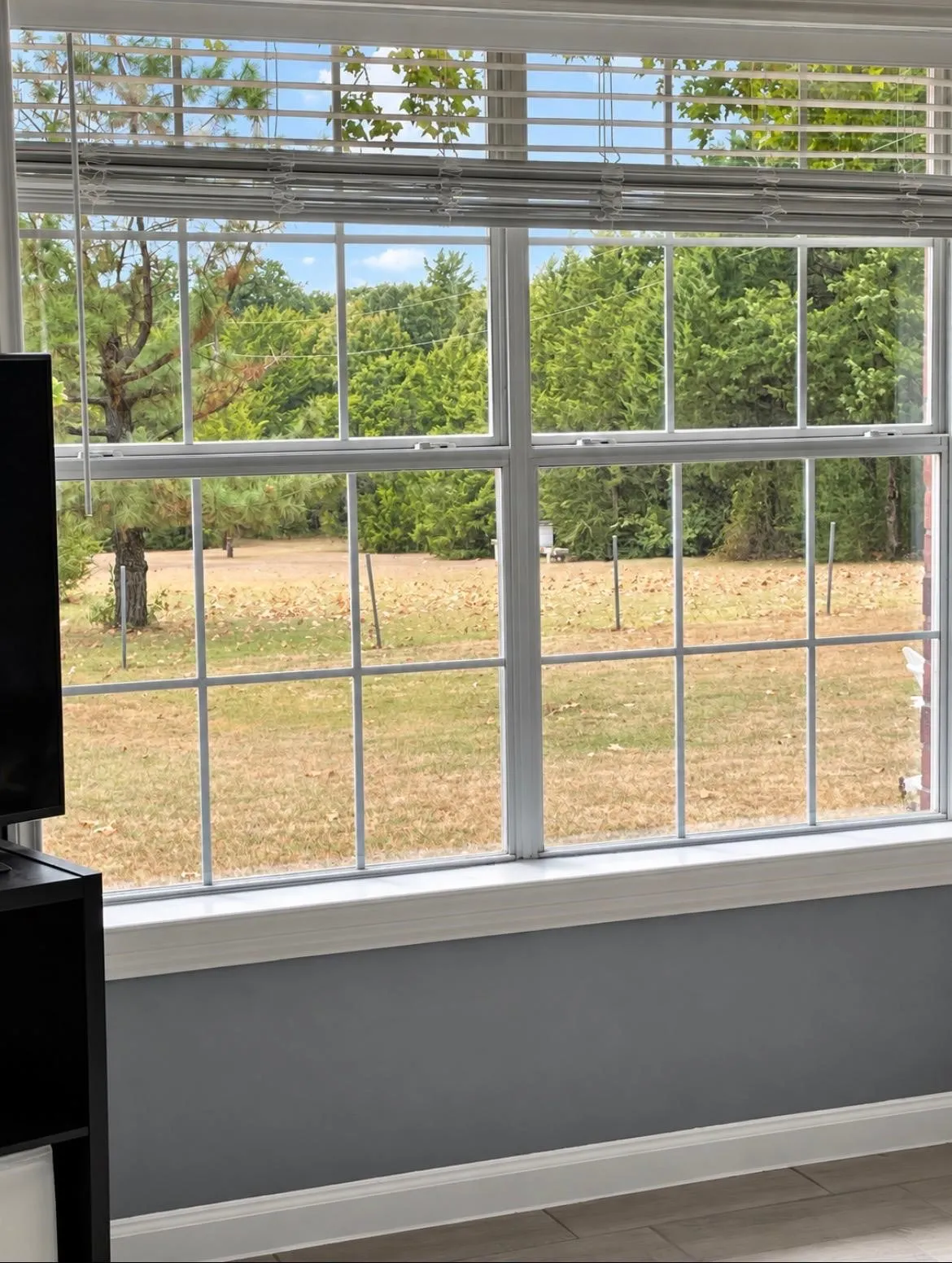 Expansive picture window with white framing and horizontal blinds