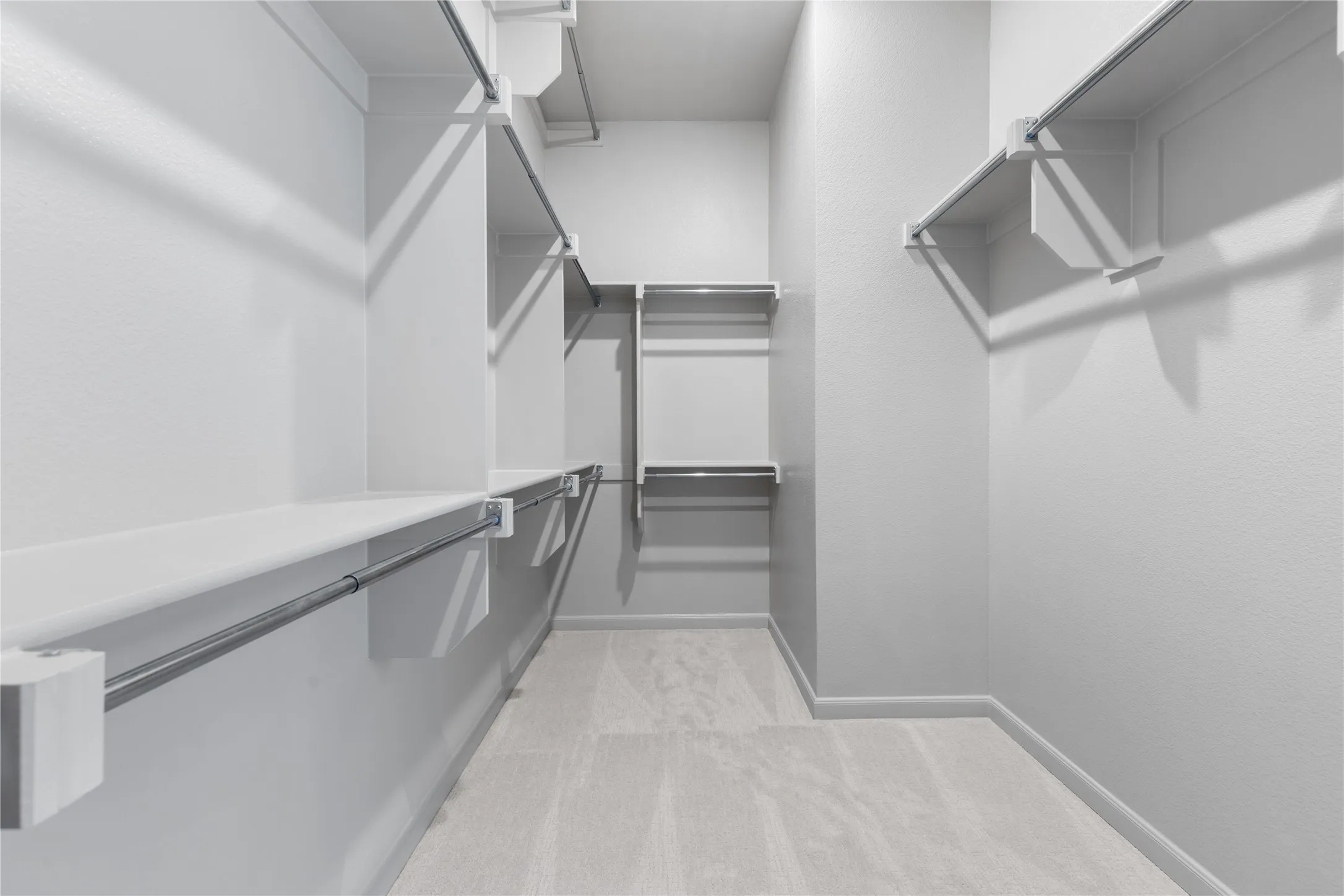 Walk-in closet featuring white wall finishes, built-in shelving, chrome hanging rods, and light-toned carpeting
