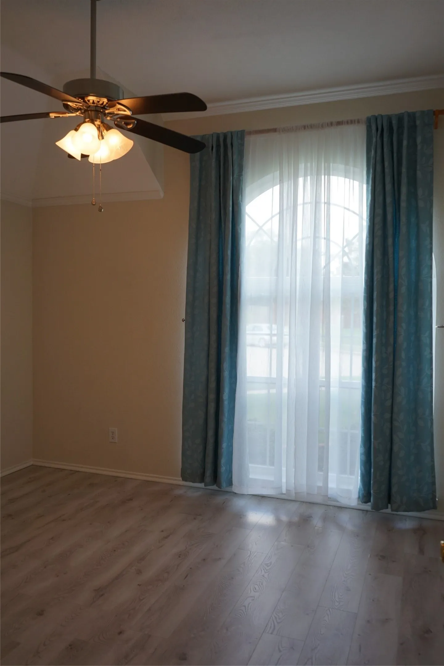 Arch-top window with decorative mullions, wood-finish flooring, crown molding, and ceiling fan with integrated lighting