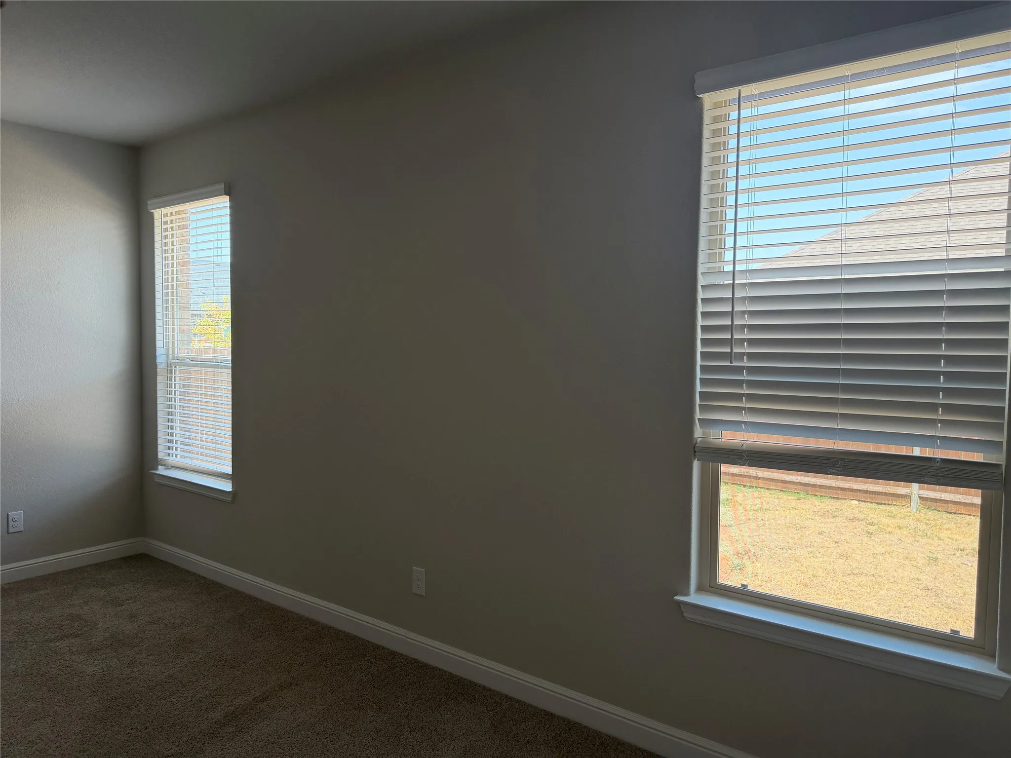 Neutral wall finishes, two windows with blinds, and carpeting