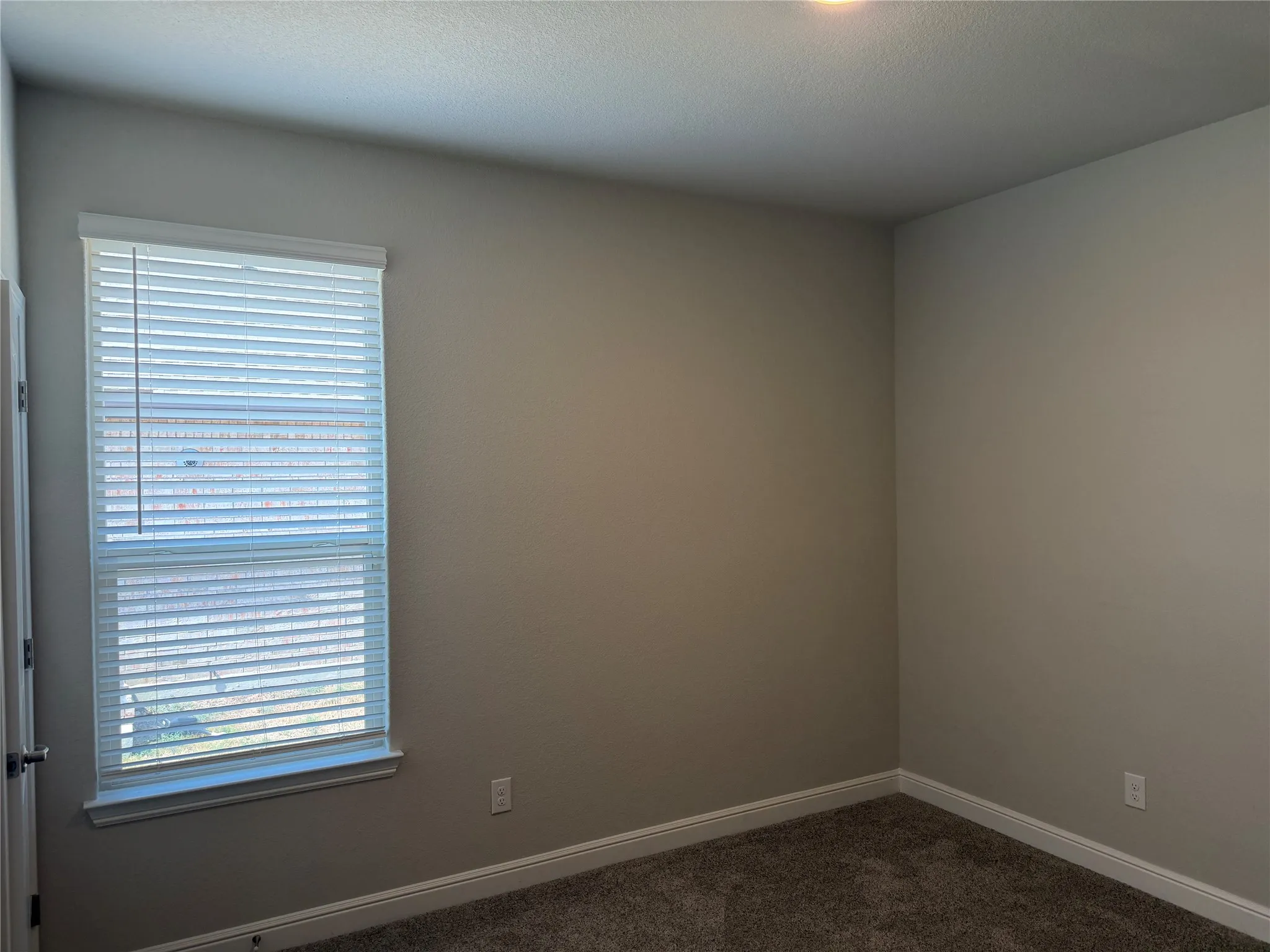 Neutral wall palette, window with blinds, and carpeting