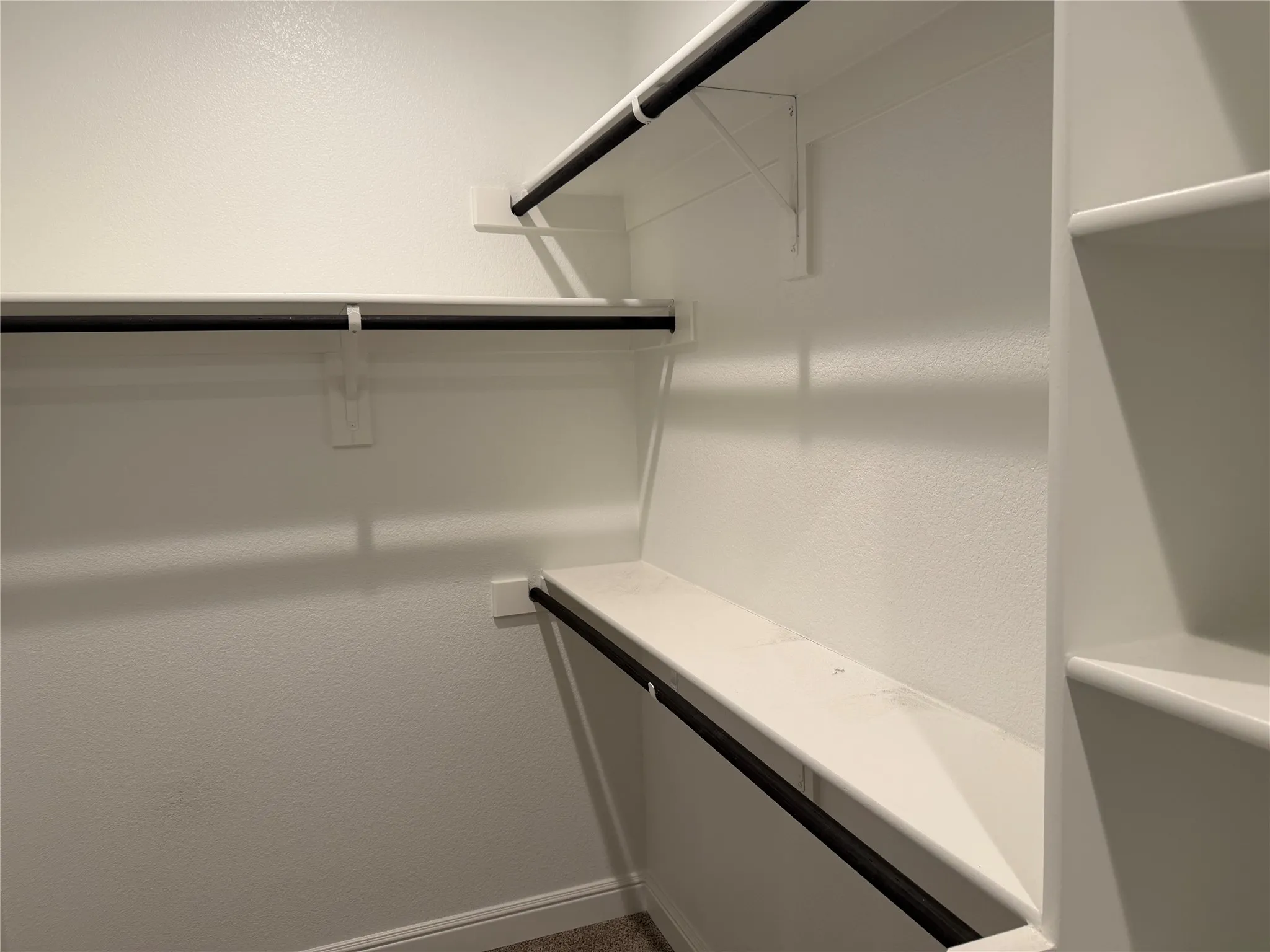 Built-in shelving, white walls, black metal hanging rods, and carpet flooring