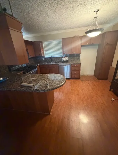 Kitchen featuring wood-finish flooring, granite countertops, wood cabinetry, a stainless steel dishwasher, and a built-in cooktop