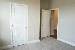 Light gray wall paint, white trim, paneled interior doors, and gray carpeting