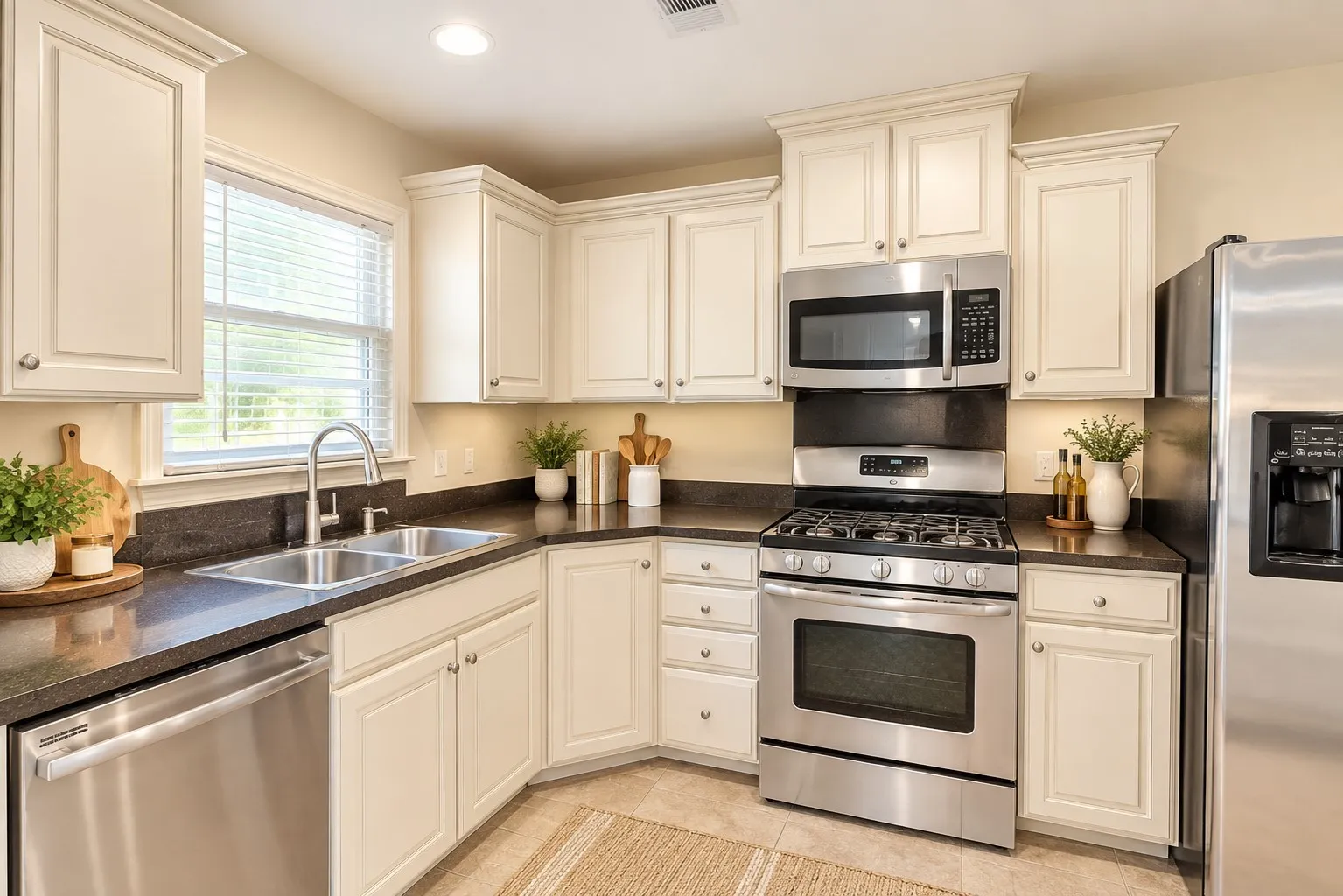 Kitchen featuring stainless steel appliances, cream cabinetry with crown molding, dark countertops, and a double basin sink