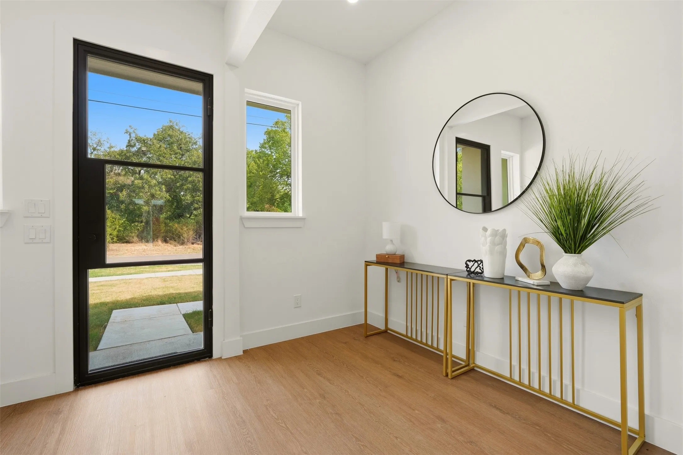 Wood-finish flooring, white walls, and a black-framed glass entry door