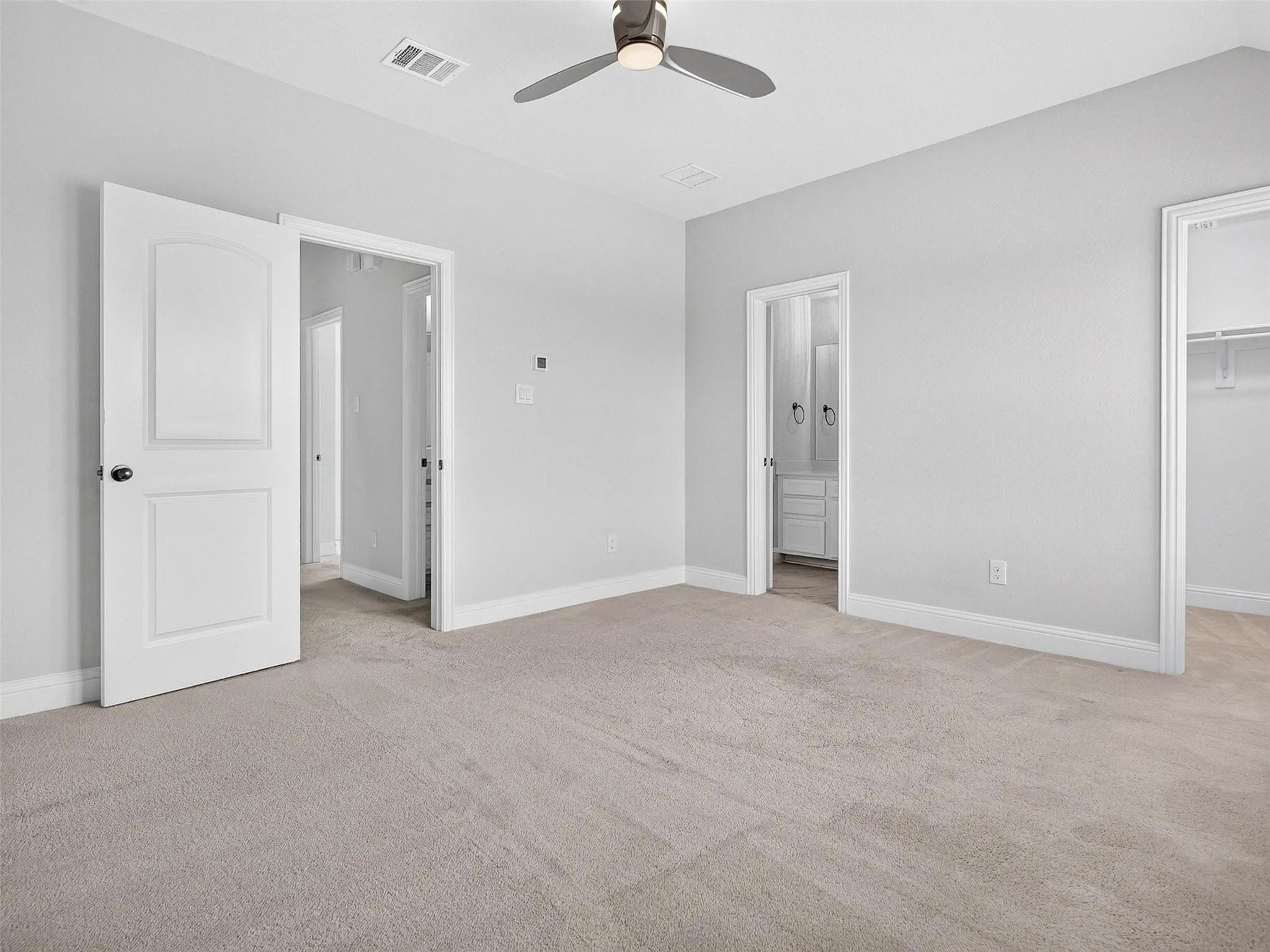 Carpeted flooring, ceiling fan, white paneled doors, and a walk-in closet