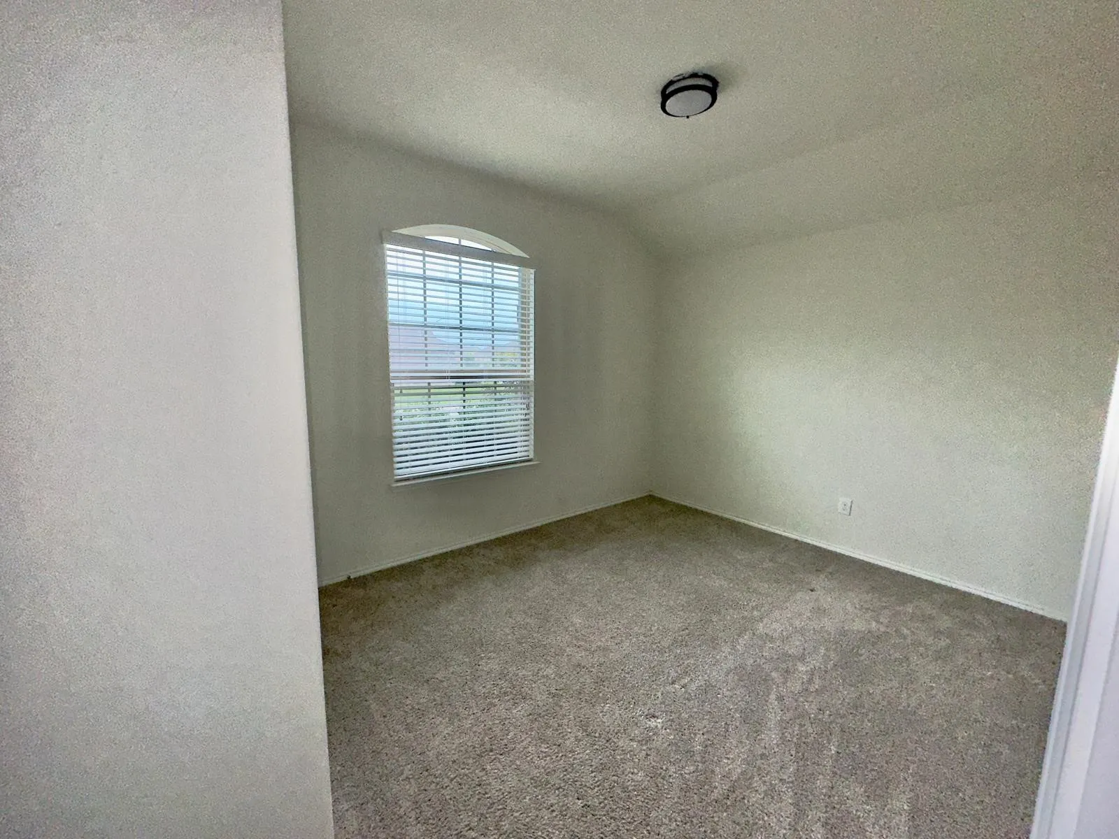 Carpeted spare room featuring lofted ceiling and a textured ceiling
