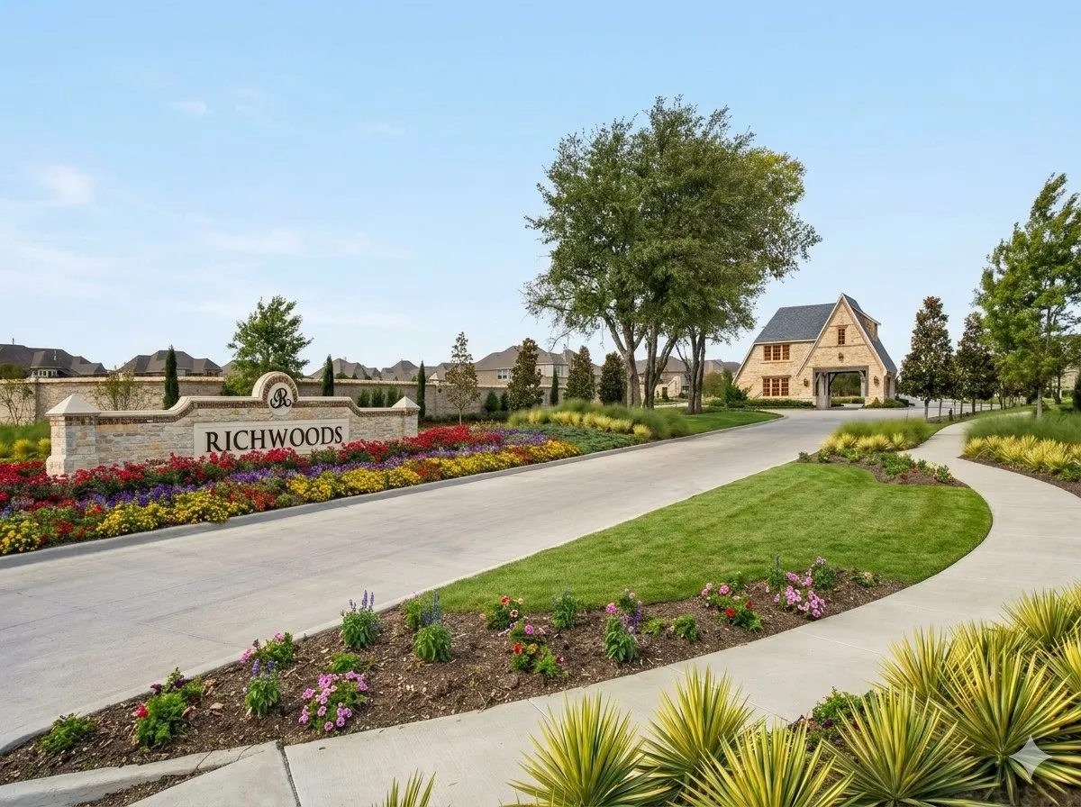 Entryway featuring a stone-clad monument sign, vibrant perennial landscaping, a curved concrete pathway, and mature trees