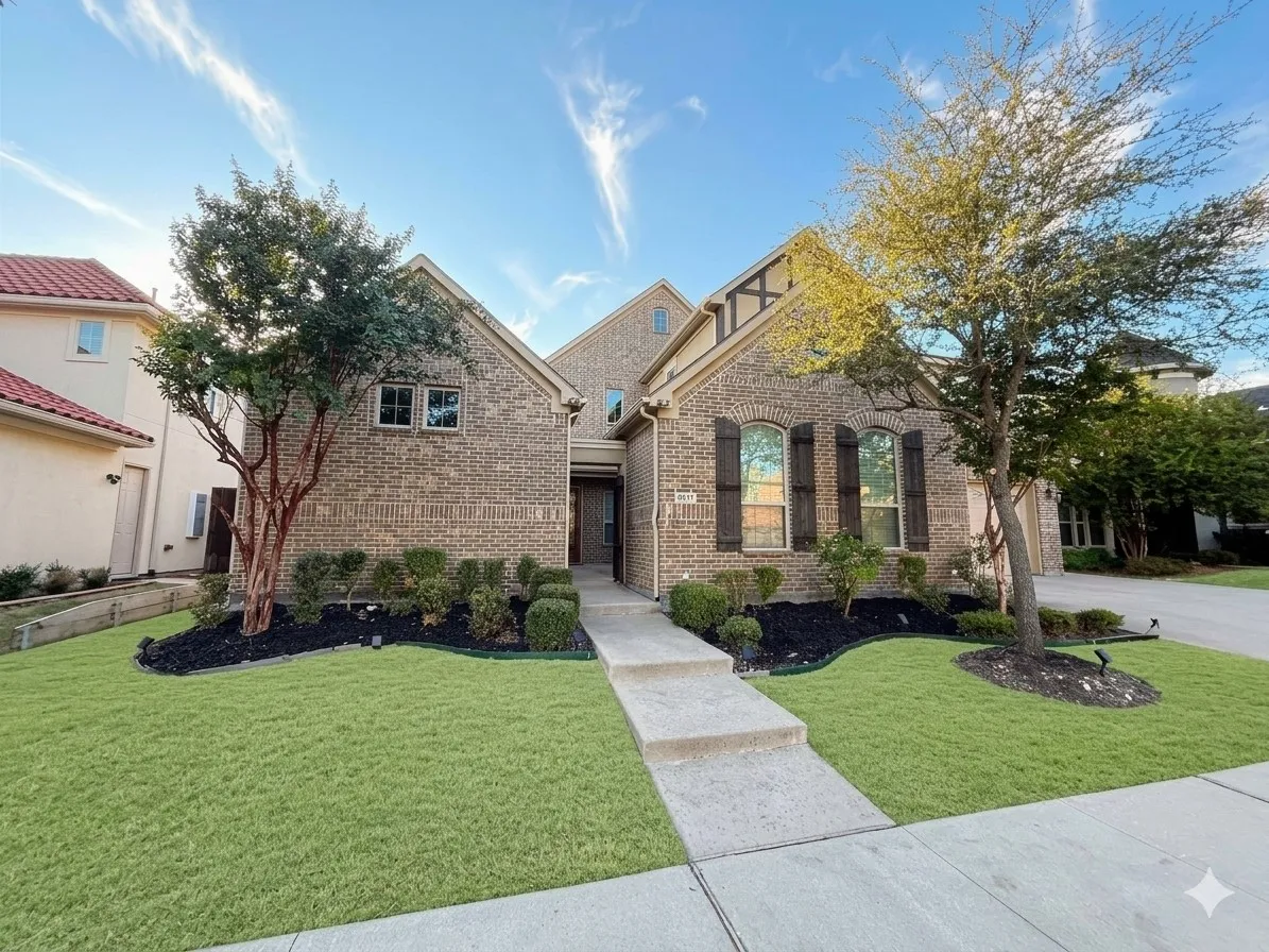 Brick facade with decorative shutters, symmetrical landscaping, concrete walkway, and established trees