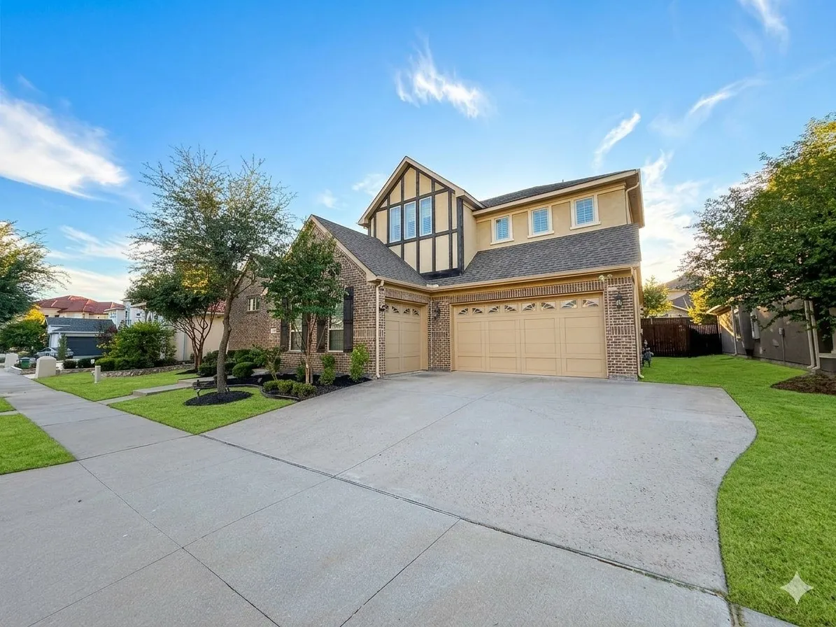 Brick and stucco exterior with gabled roof lines