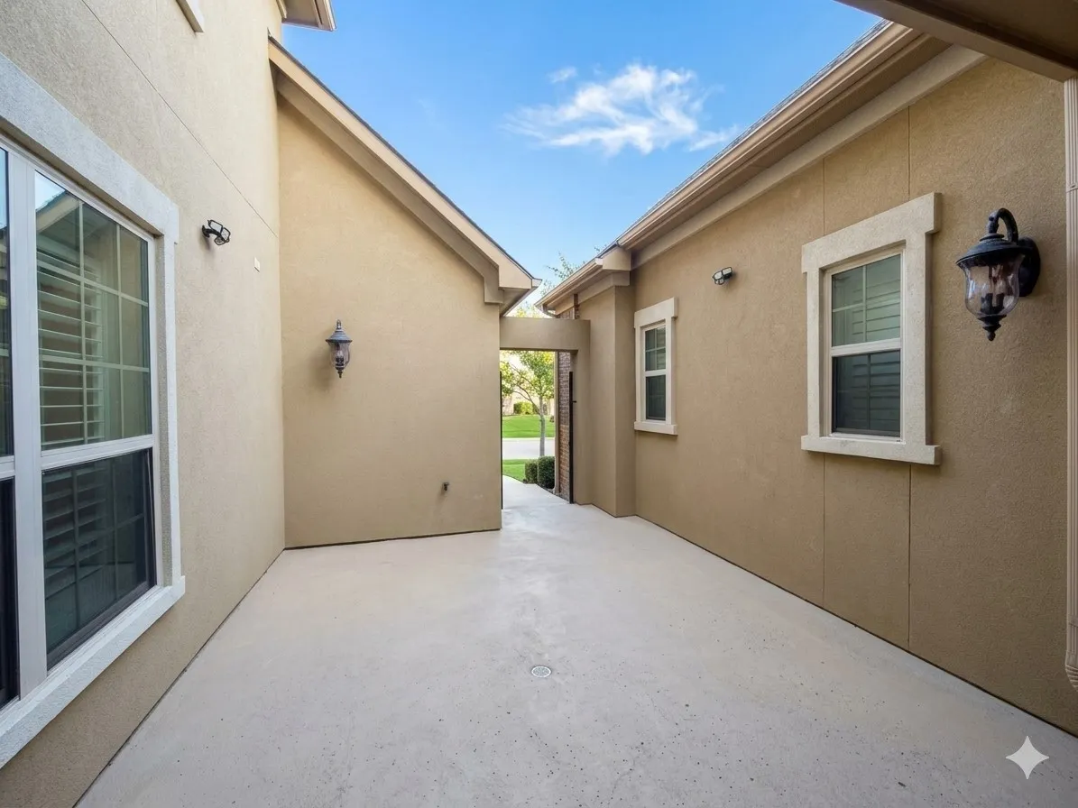 Stucco exterior with decorative sconce lighting, framed windows, and a concrete pathway