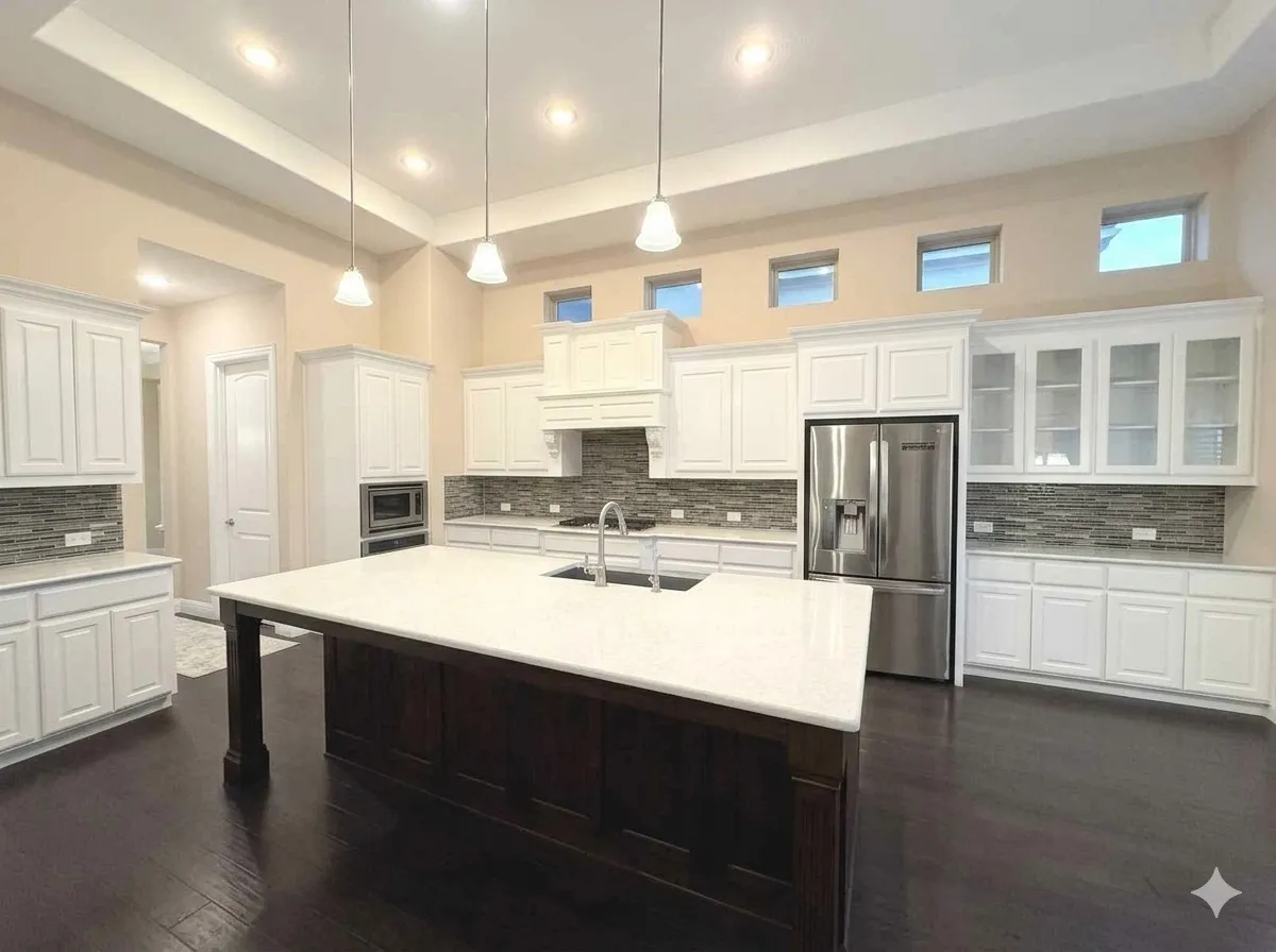 Kitchen featuring a large central island with a light-toned countertop, white cabinetry with glass-front uppers, stainless steel appliances, and dark wood-finish flooring