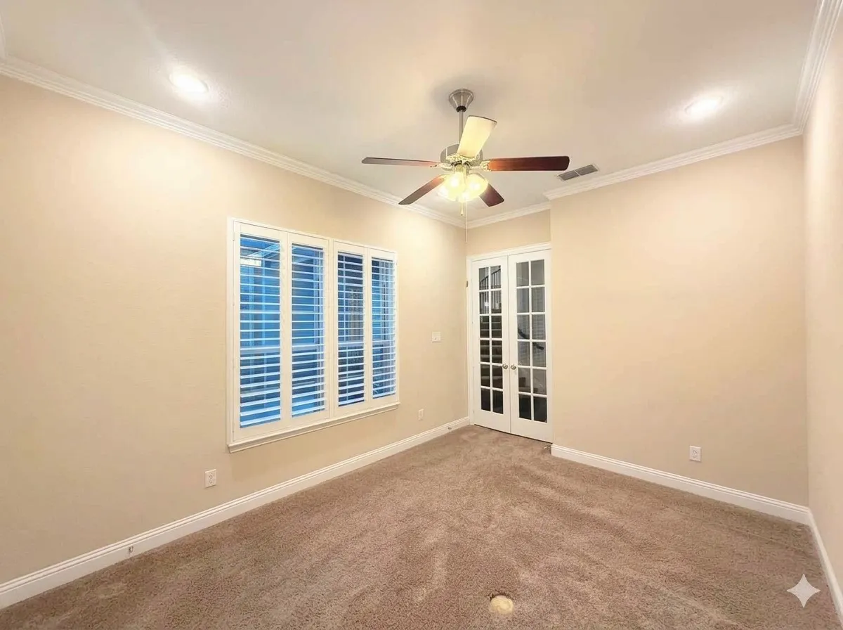 Recessed lighting, crown molding, ceiling fan, carpeted flooring, and white plantation shutters