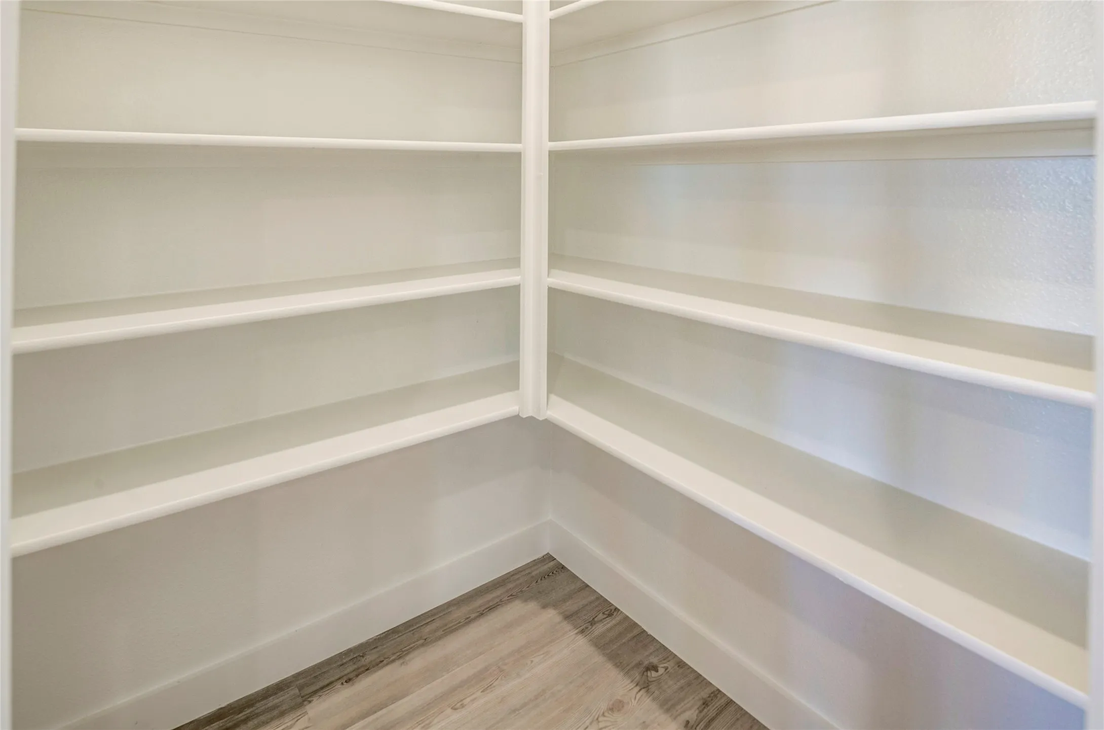 Walk in pantry with built-in shelving with multiple levels, lots of space and white painted finish