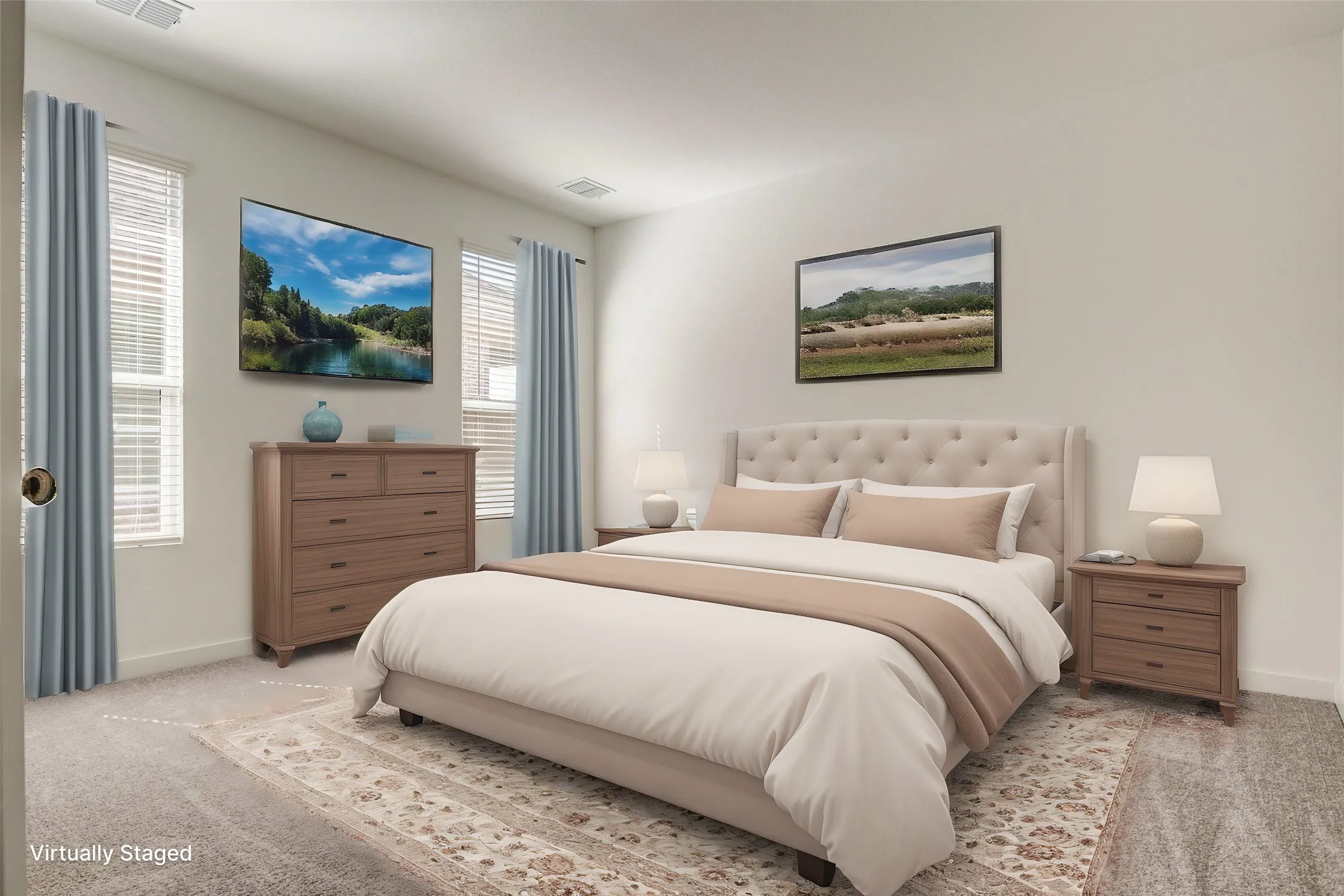 Virtually staged primary bedroom with plush carpet that complements the soft neutral wall tones....