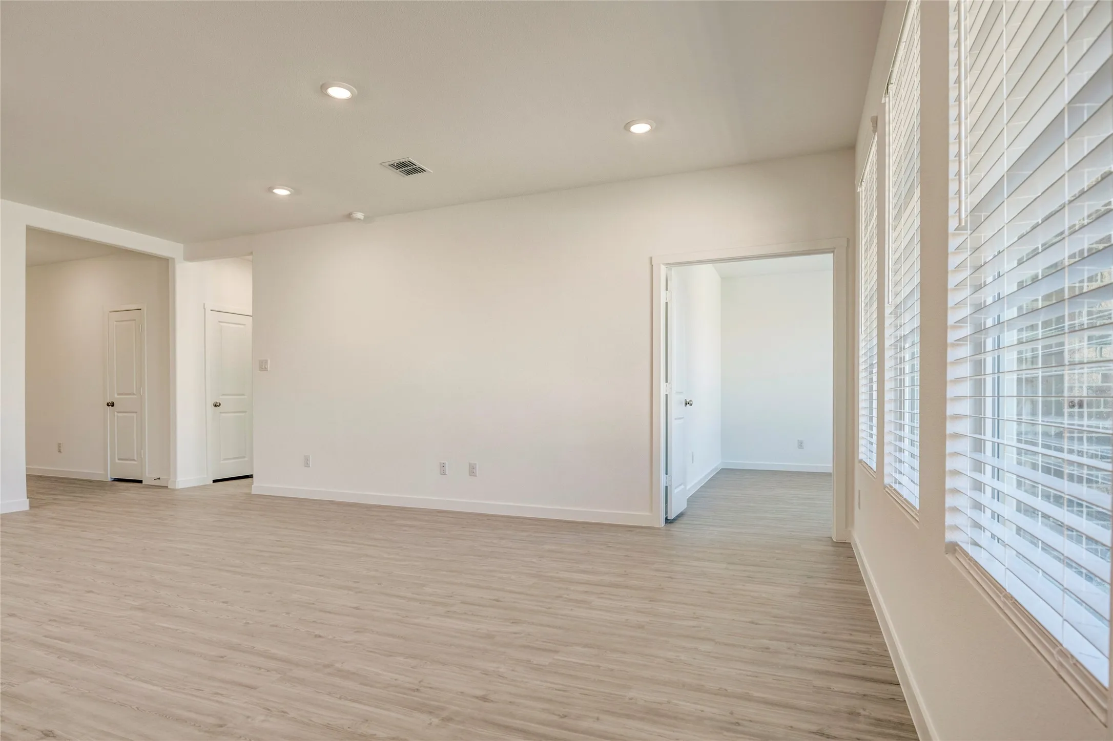 Another view of the living room showing the entry to the flex space on the right, the wide entry from the hall on the left and the entry to the primary bedroom area in the middle.....
