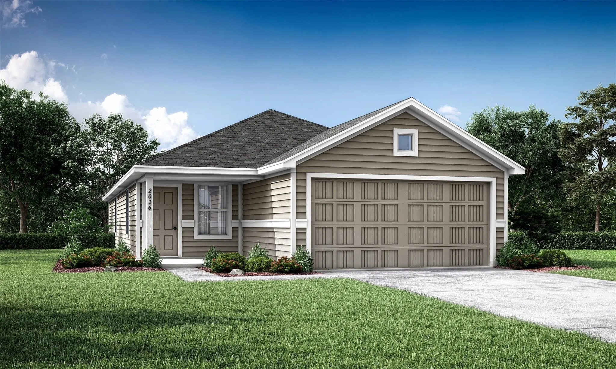 Single-story residence featuring horizontal siding, a gabled roofline, and an attached two-car garage