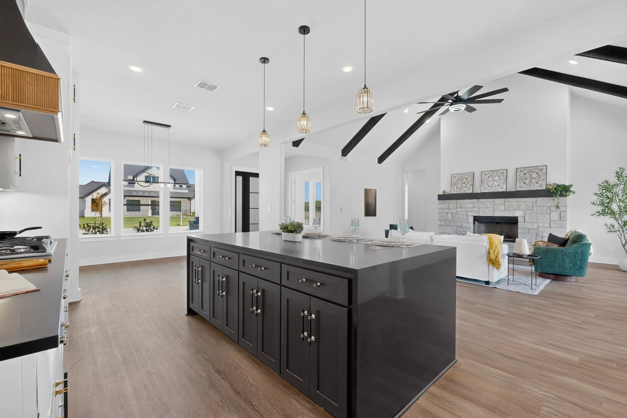 Open-concept living space with laminate flooring