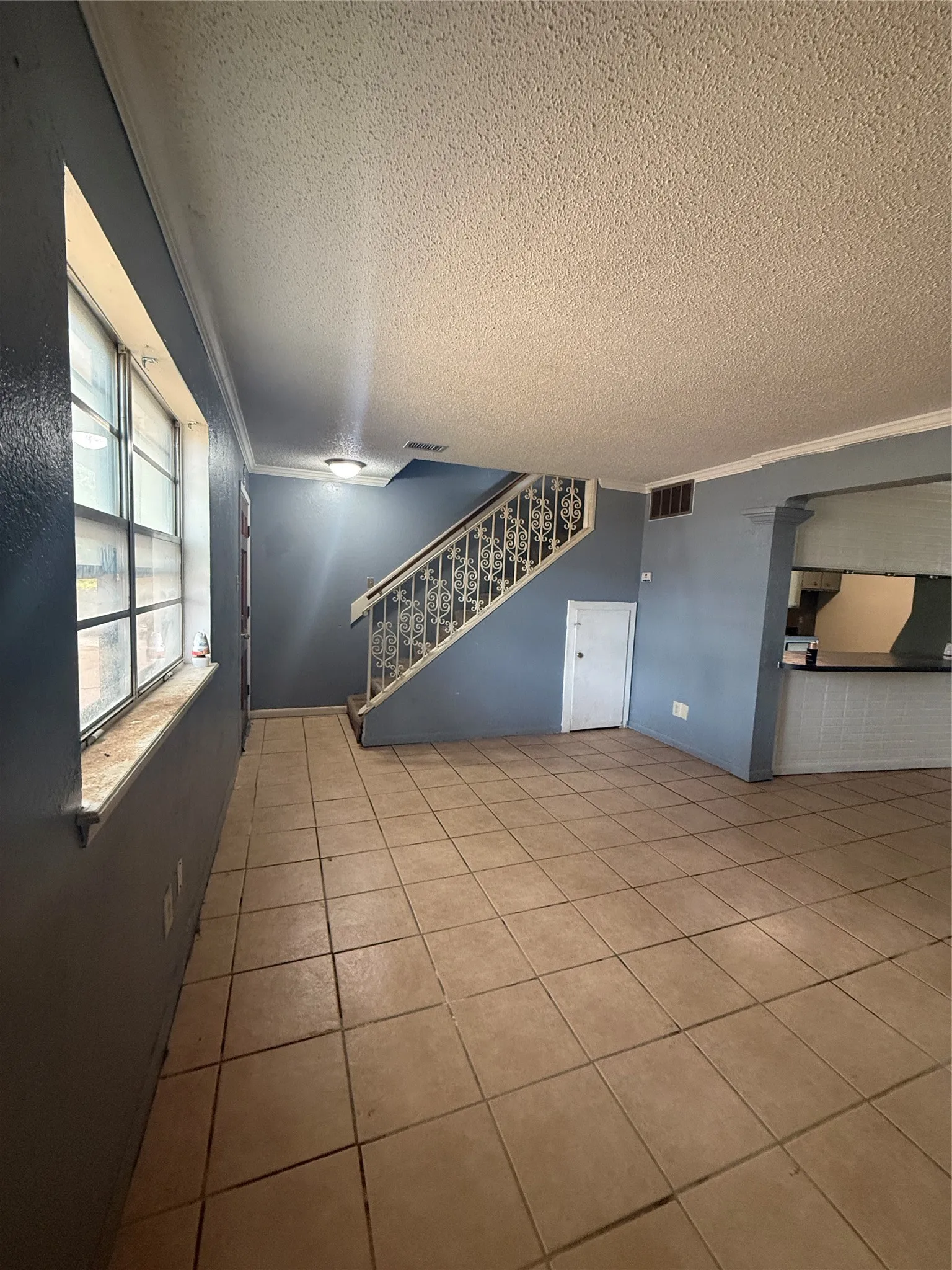 Another angle of the living room area, extra storage tiny room/area located right under the staircase