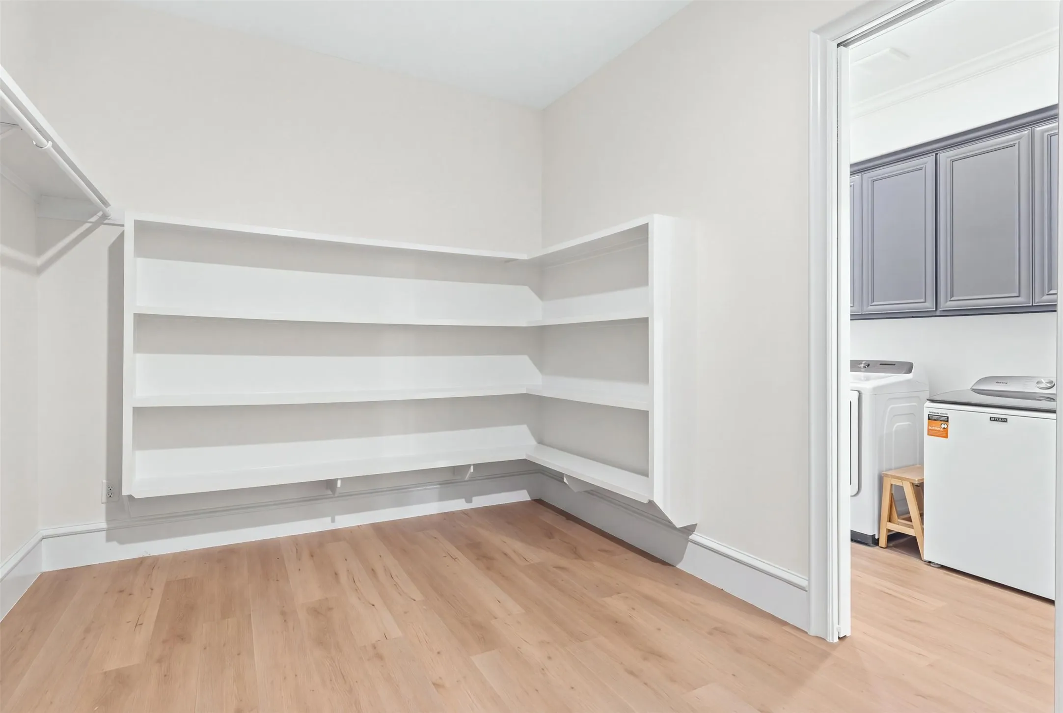 Primary Closet - virtually removed clothing, pocket door to laundry