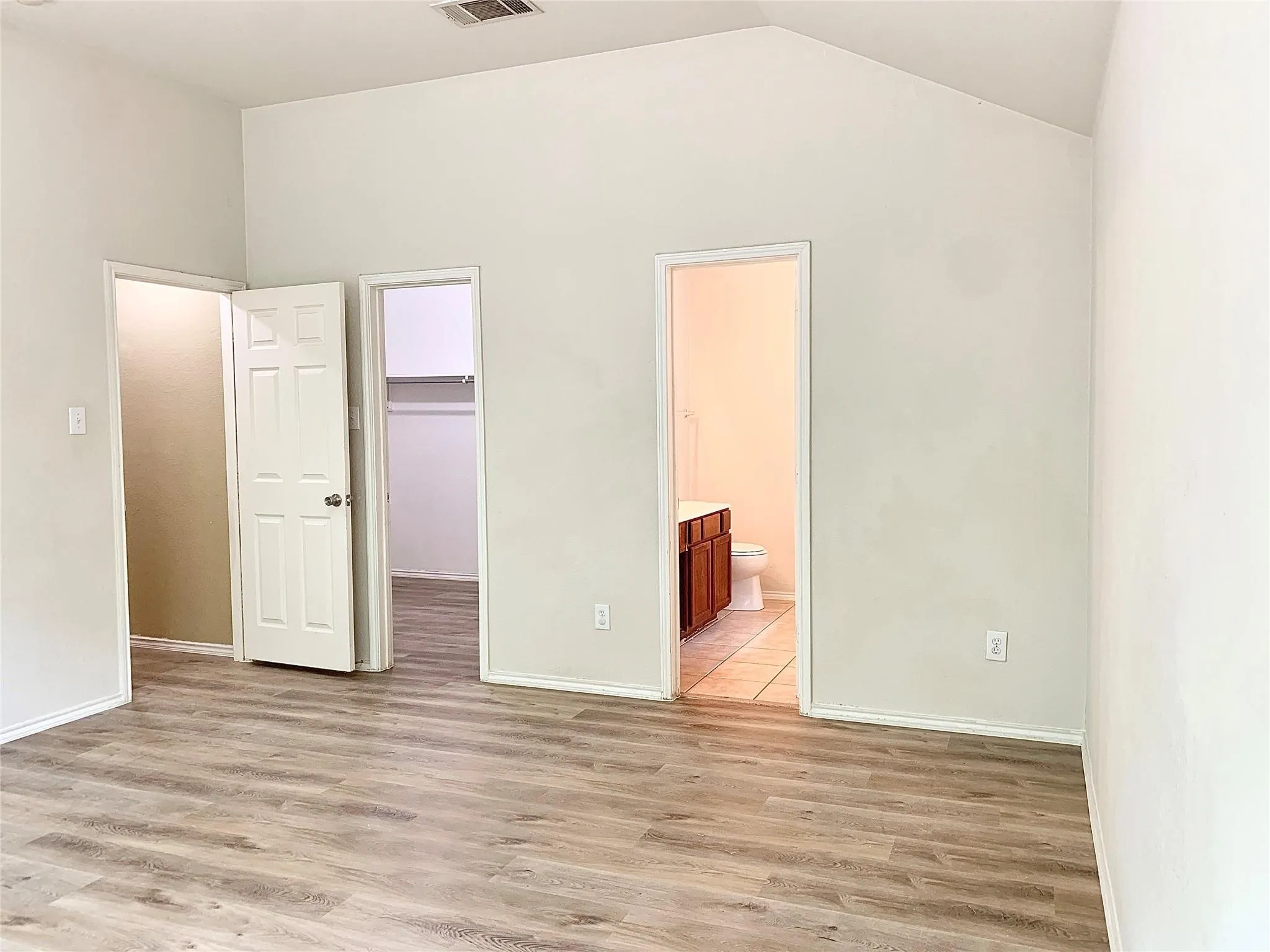 Vaulted ceiling, wood-finish flooring, white paneled doors, and access to a bathroom with a vanity
