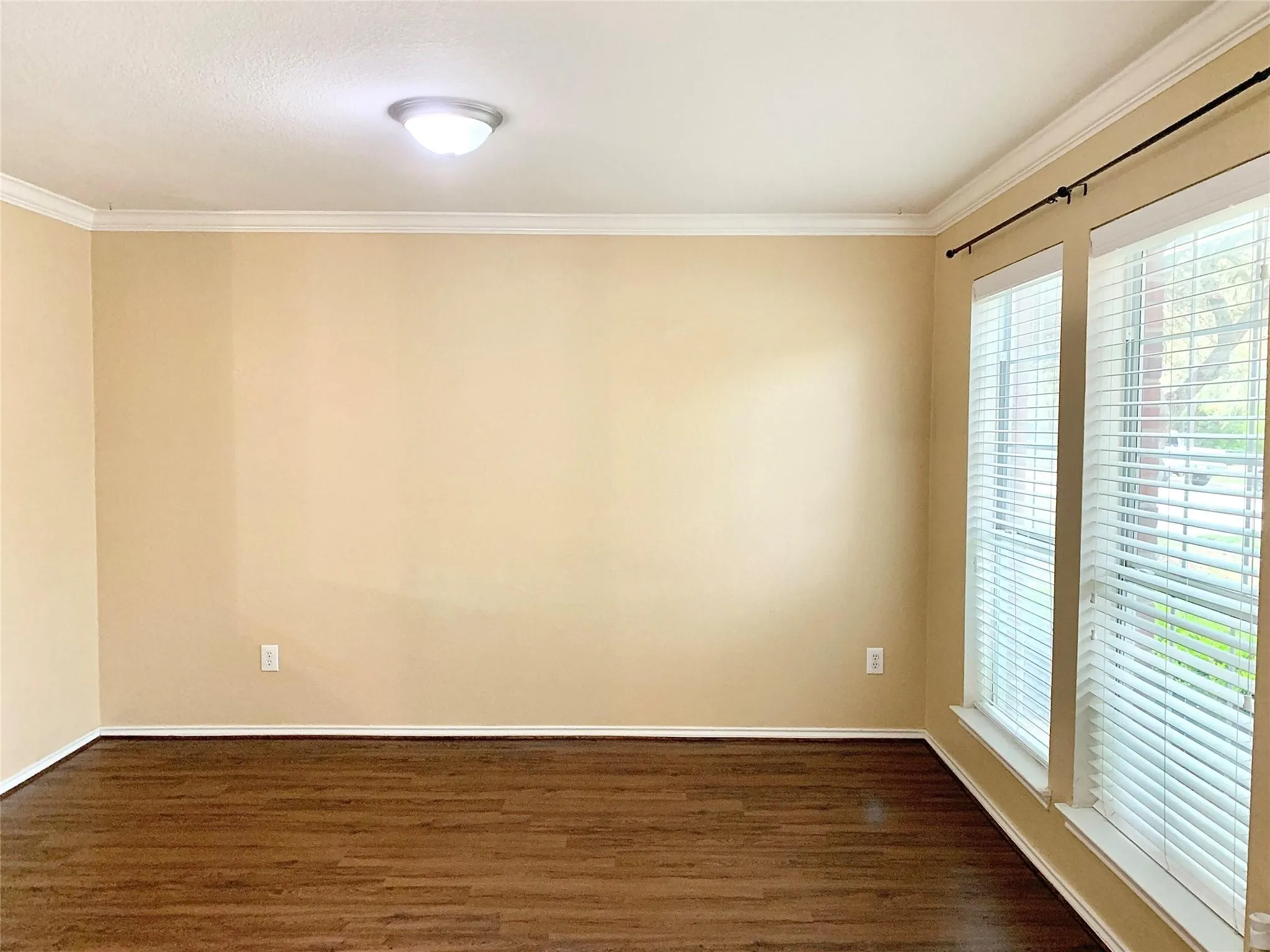 Wood-finish flooring with crisp white baseboards, crown molding, and a flush mount ceiling light
