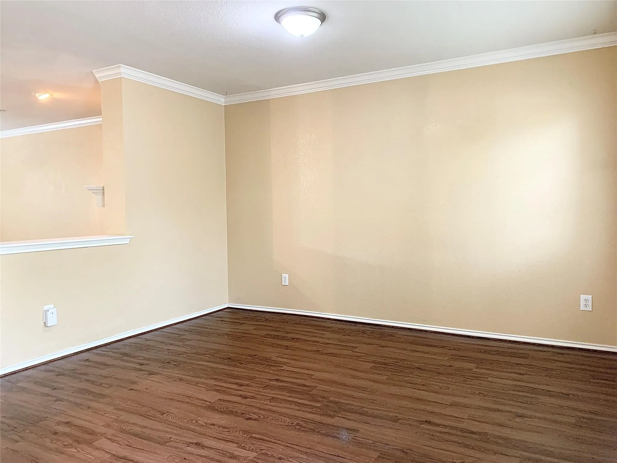 Wood-finish flooring with crisp white trim