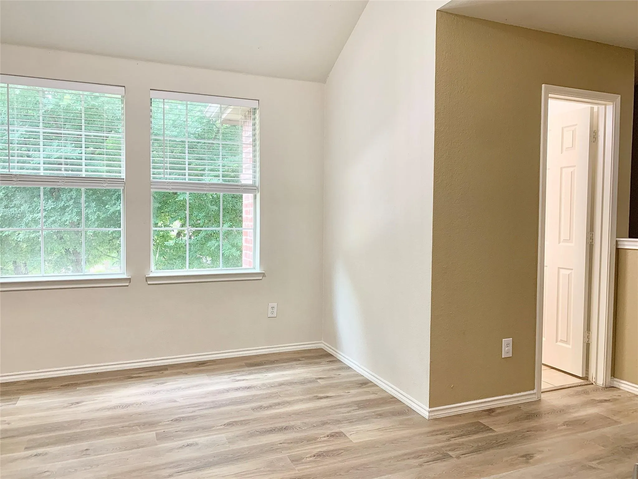 Vaulted ceiling with dual windows, wood-finish flooring, and a paneled interior door
