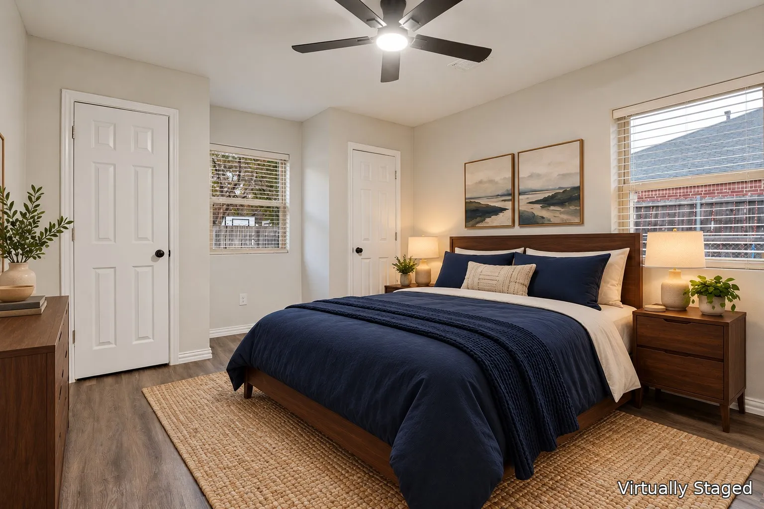 Recessed lighting, wood-finish flooring, ceiling fan, and white doors