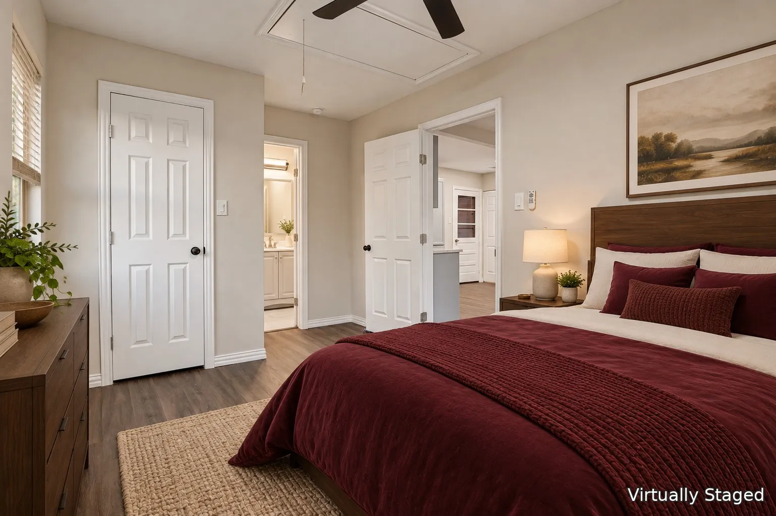 Wood-finish flooring throughout, paired with light-toned walls