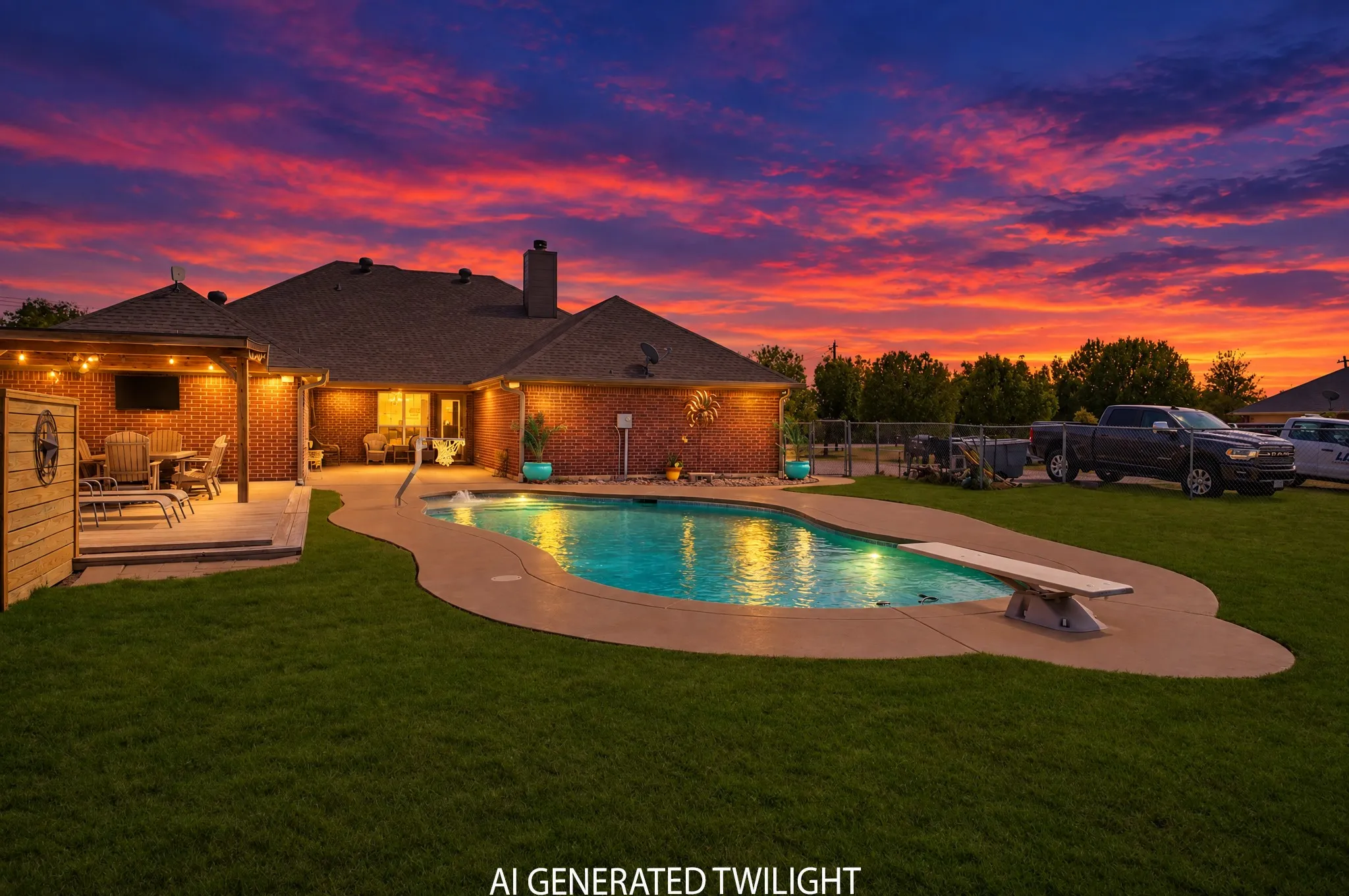 Brick exterior with a covered patio, an in-ground swimming pool, and a diving board