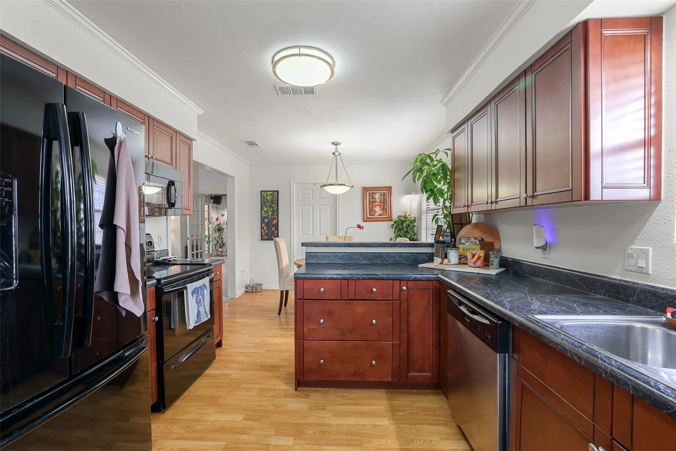Kitchen featuring wood-finish flooring, dark wood cabinetry, and dark countertops with an integrated sink