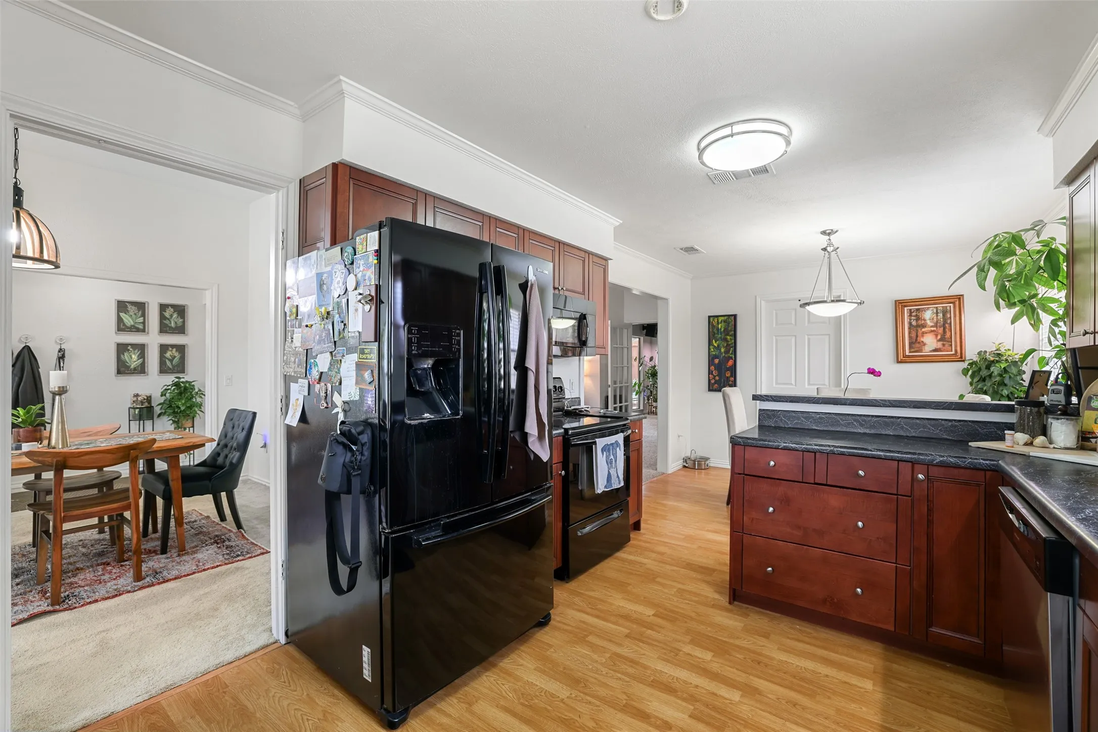 Kitchen featuring wood-finish flooring, dark wood cabinetry, and dark countertops