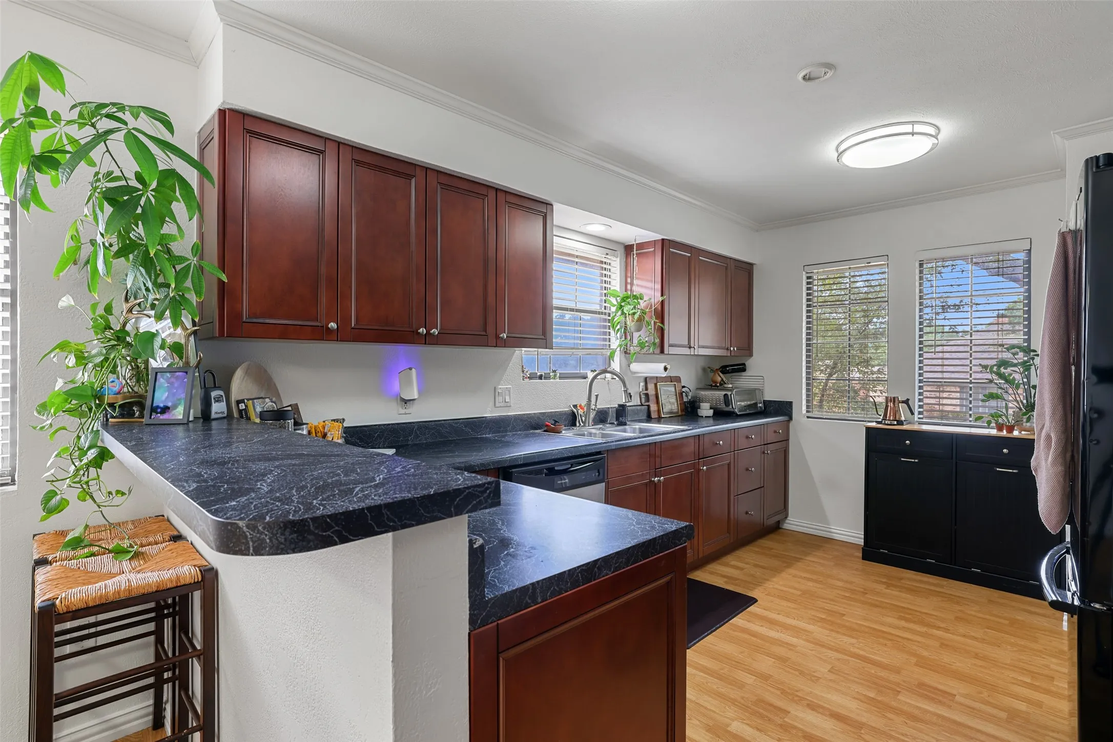 Kitchen featuring wood-finish flooring, dark wood cabinetry, and contrasting dark countertops