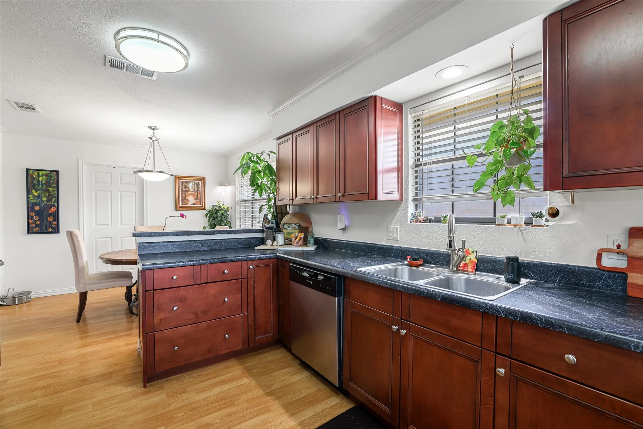 Wood-finish flooring, dark wood cabinetry, dual basin stainless steel sink, stainless steel dishwasher, and recessed lighting