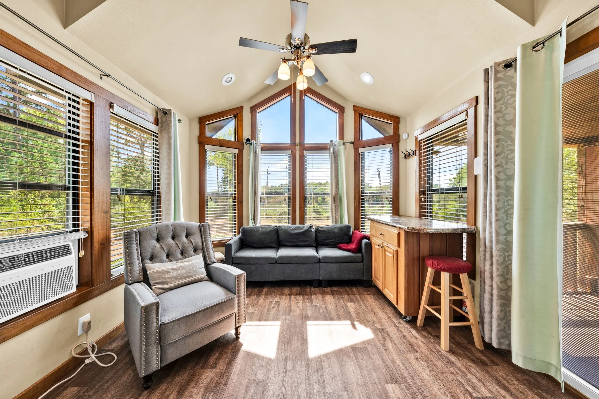 Vaulted ceiling and large windows