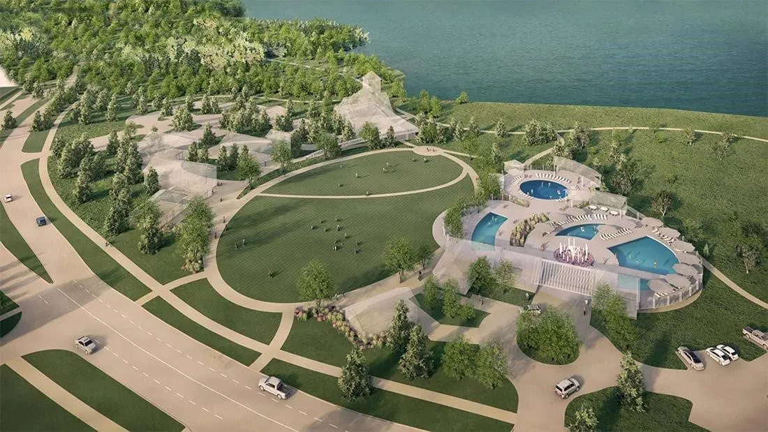 Expansive green space, mature trees, multi-level aquatic area, multiple swimming pools, and extensive hardscaping