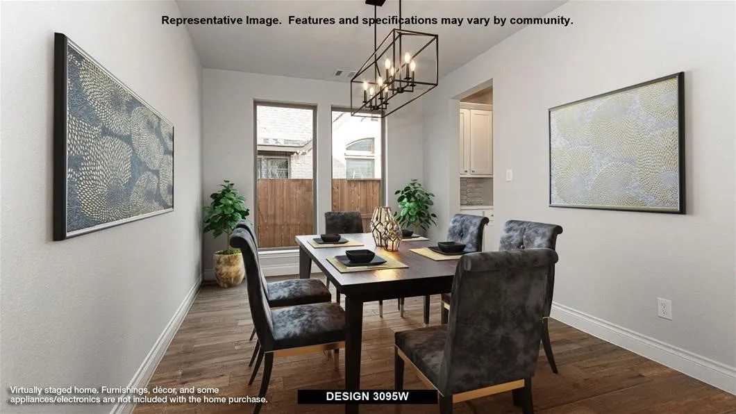 Wood-finish flooring, white wall paint, rectangular windows, and a black linear chandelier