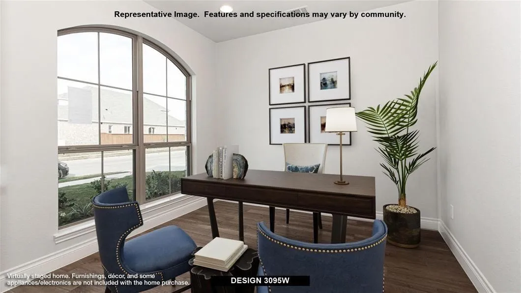 Arch-top window with grid pattern, wood-finish flooring, and white painted walls