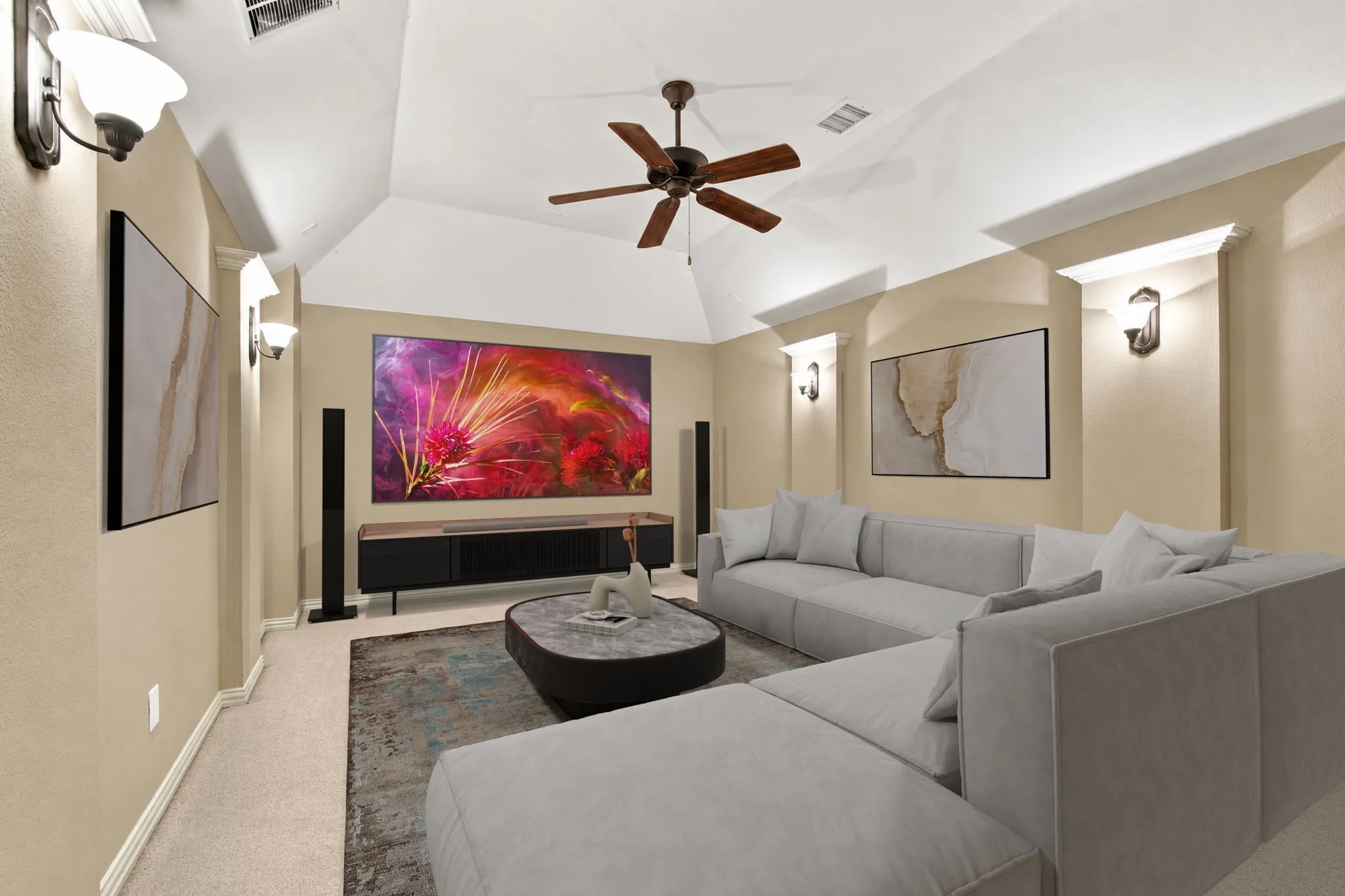Spacious Media Room With Architectural Wall Bump-Outs And Sconce Lighting.  This Has Been Virtually Staged.