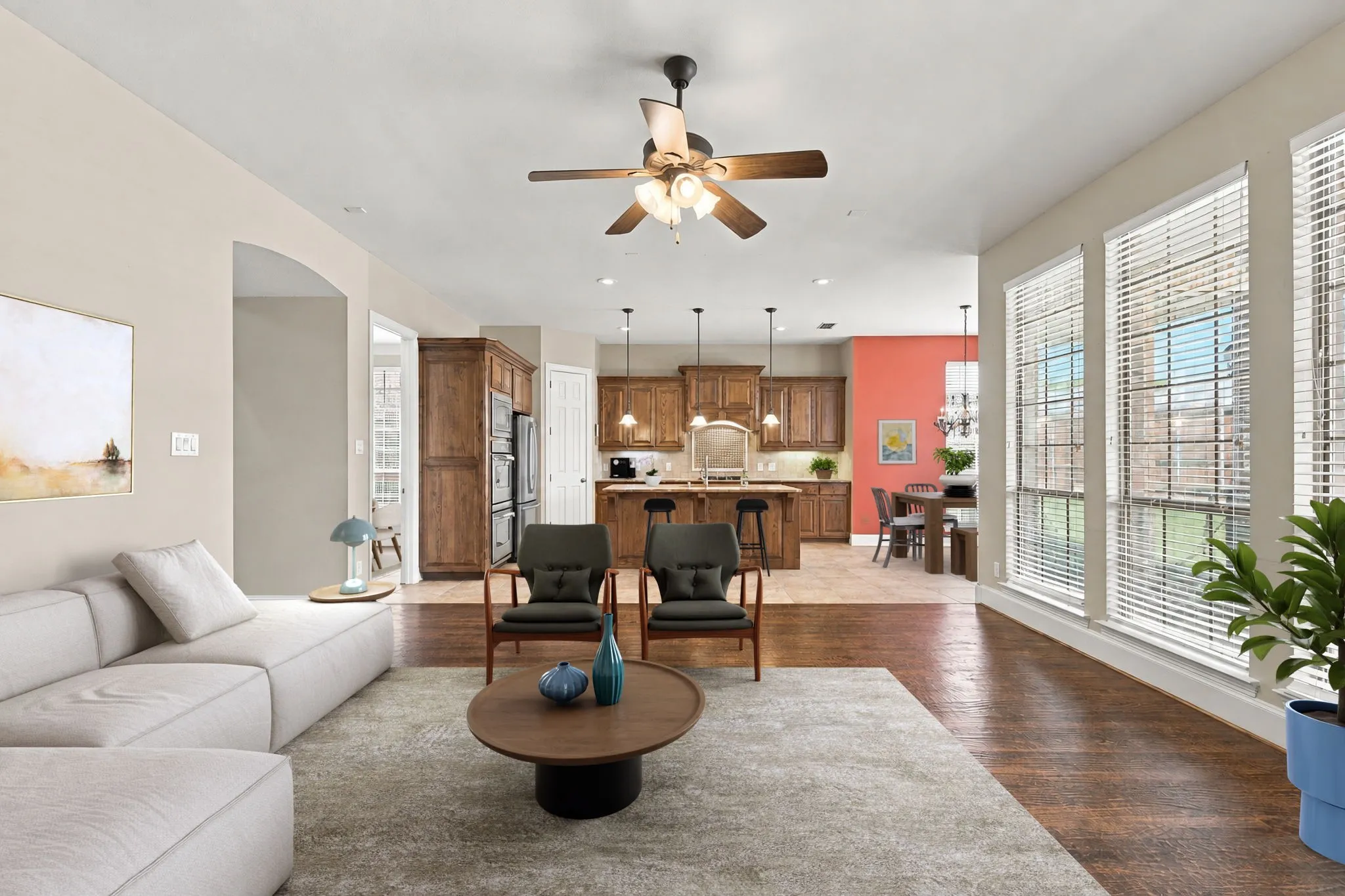 Open Style Rooms With Kitchen Overlooking Family Room.  These Rooms Have Been Virtually Staged.