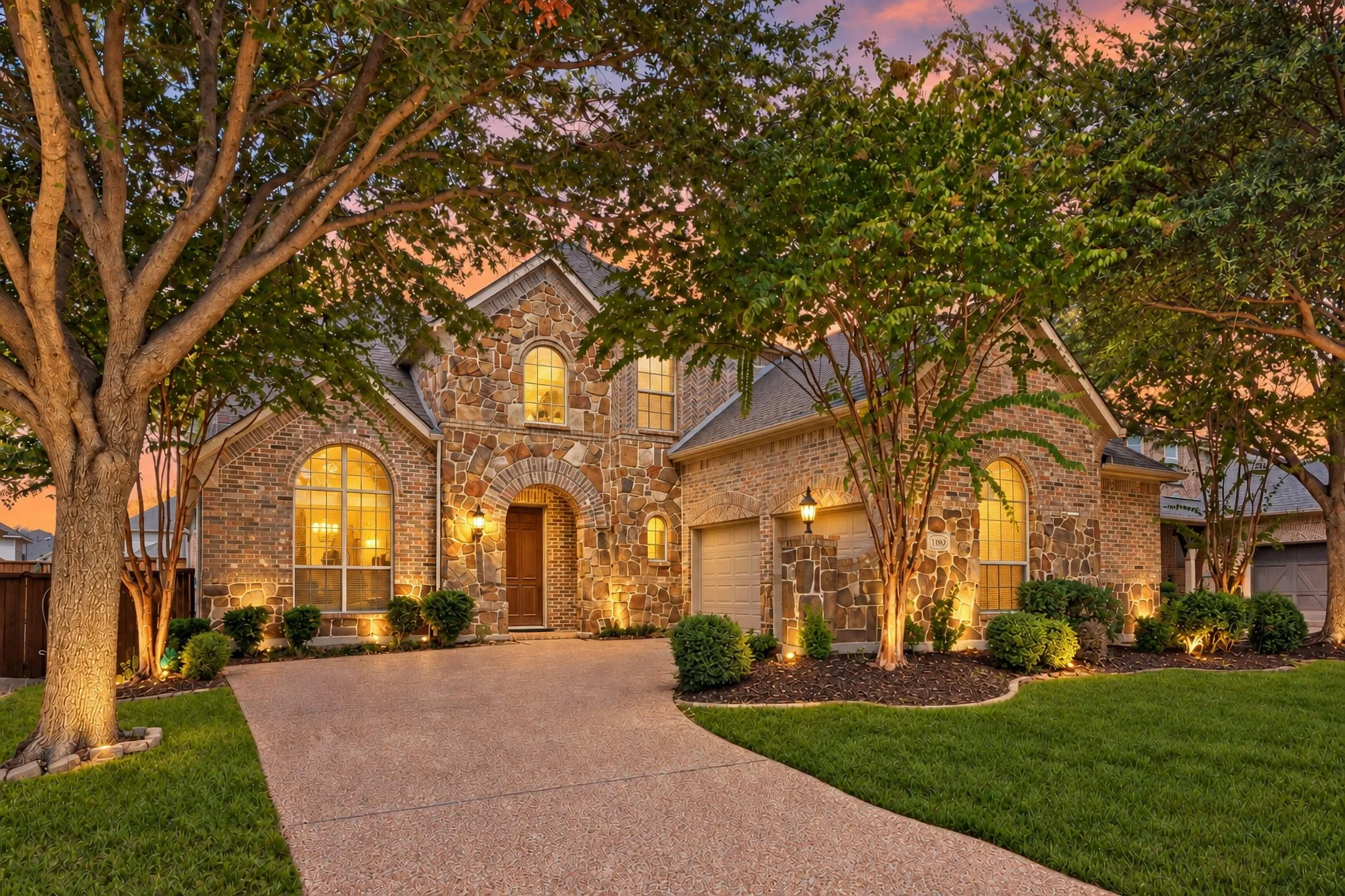 Twilight Bliss! Grass Has Been Virtually Greened and Patched Where Missing Grass Is Due To Shade Trees.