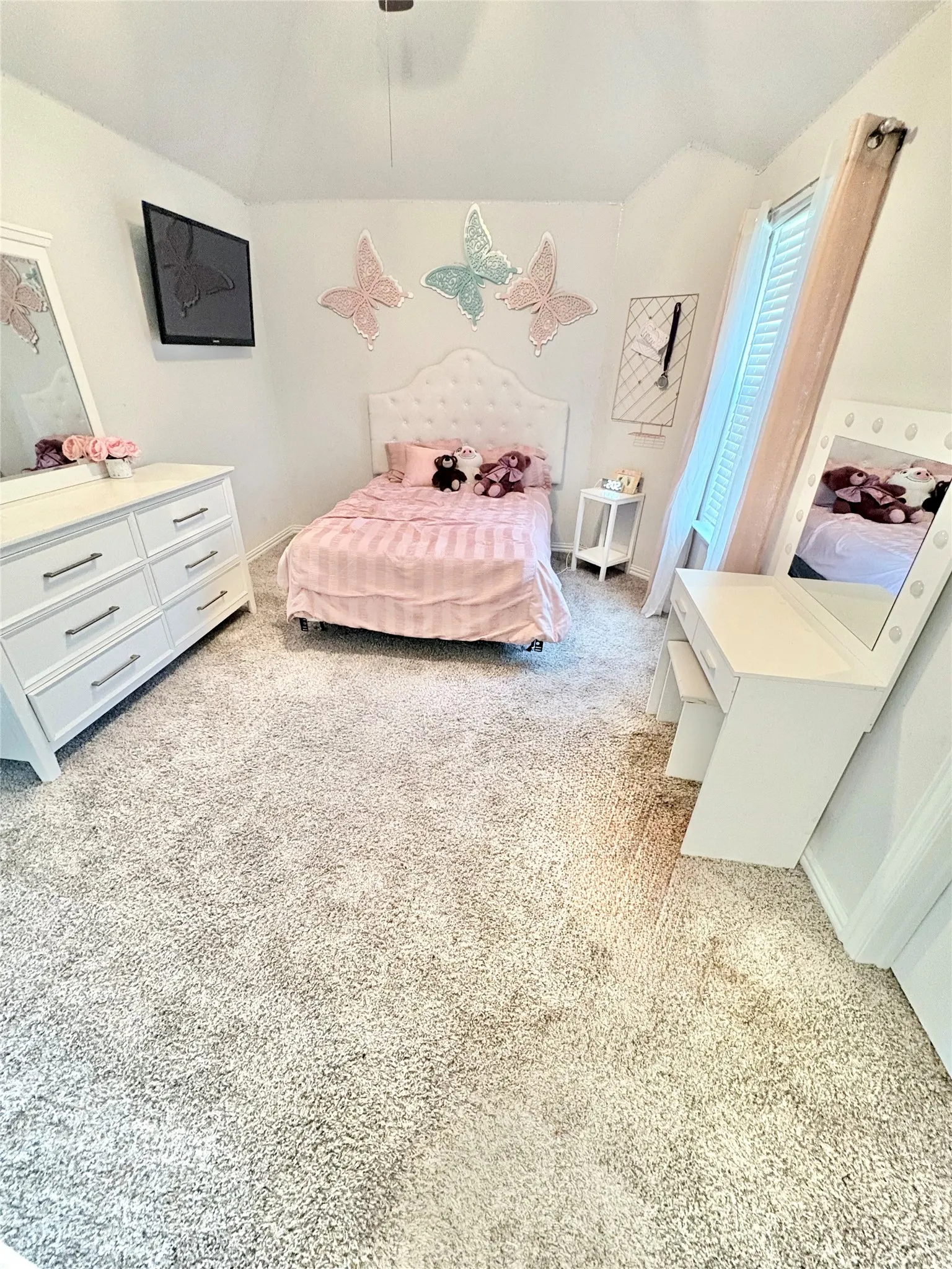 Plush carpeting, white paneled door, and a built-in ceiling fan